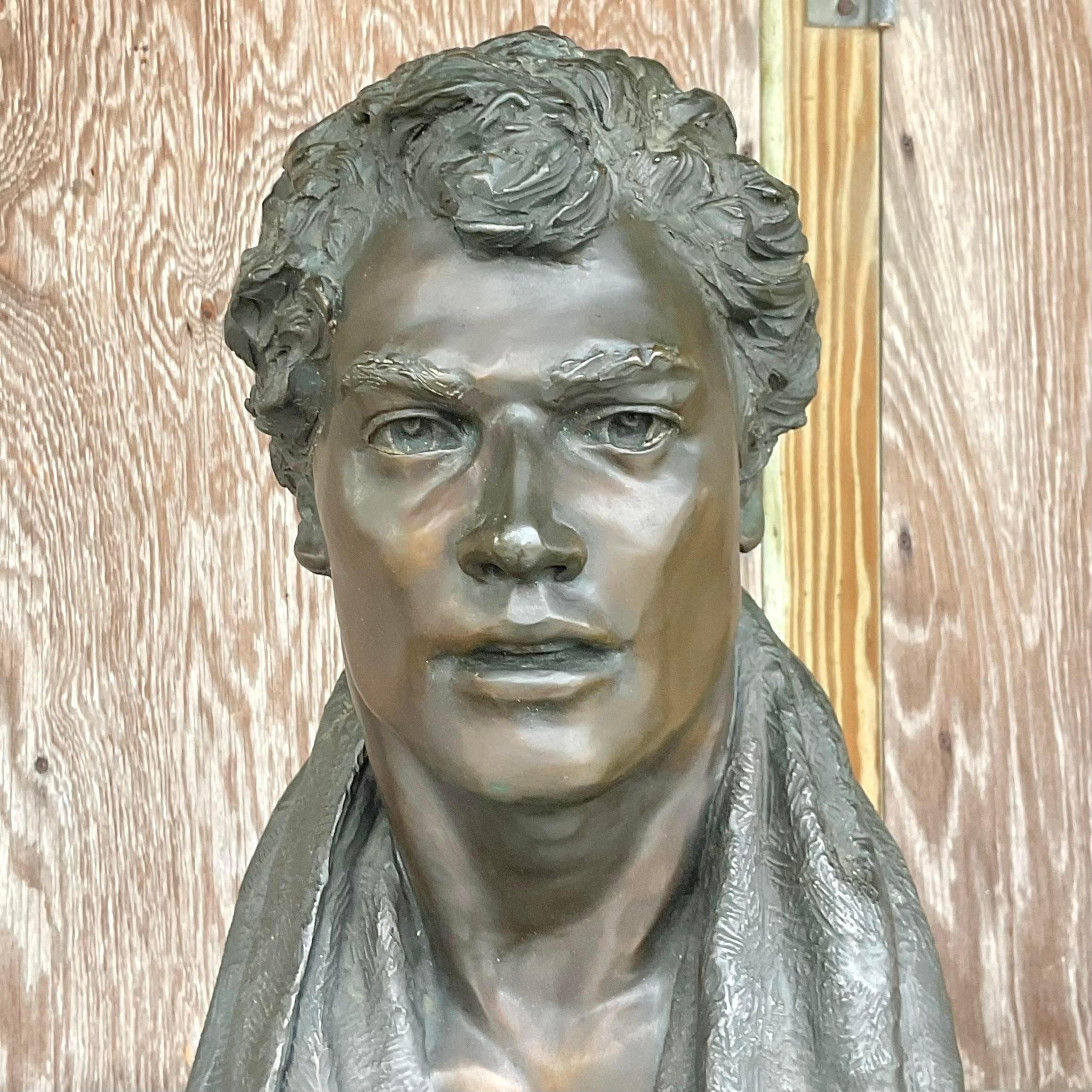 Vintage Regency Glenda Goodacre Attributed Bronze Bust of Man In Good Condition For Sale In west palm beach, FL