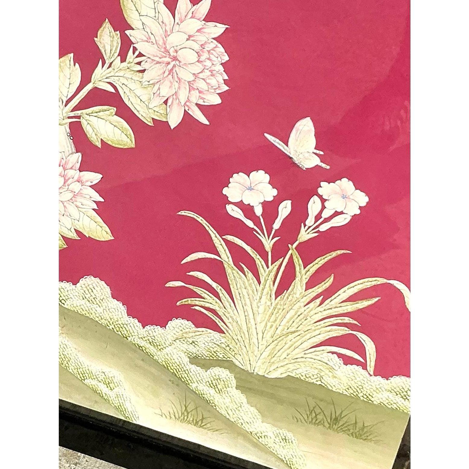 Peppen Sie Ihren Raum mit diesem exquisiten Paar Papierpaneelen im Vintage-Stil von Gracie auf, die wunderschön in glattem schwarzem Lack eingefasst sind. Diese von der Chinoiserie inspirierten Kunstwerke zeigen filigrane, handgemalte botanische