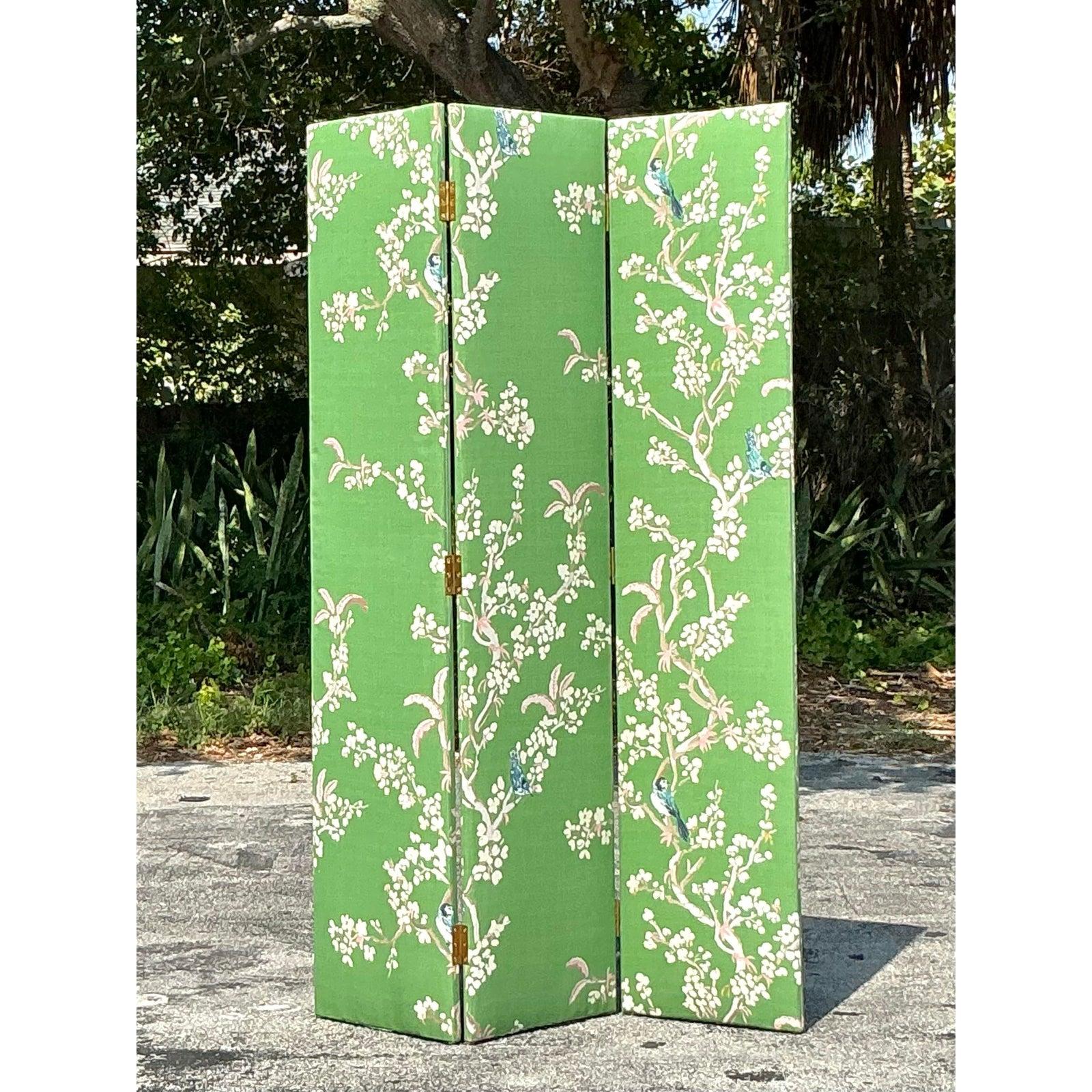 American Vintage Regency Gracie Style Upholstered Three Panel Screen For Sale