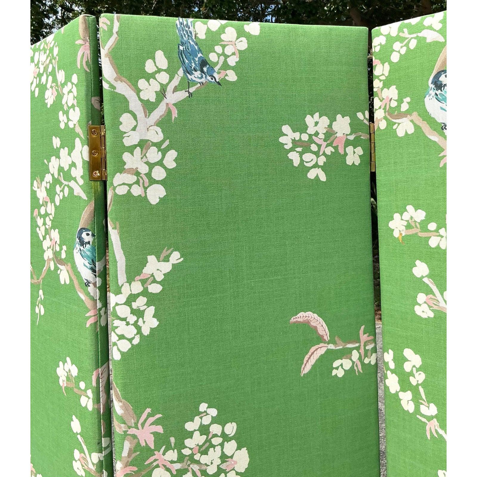 Brass Vintage Regency Gracie Style Upholstered Three Panel Screen For Sale