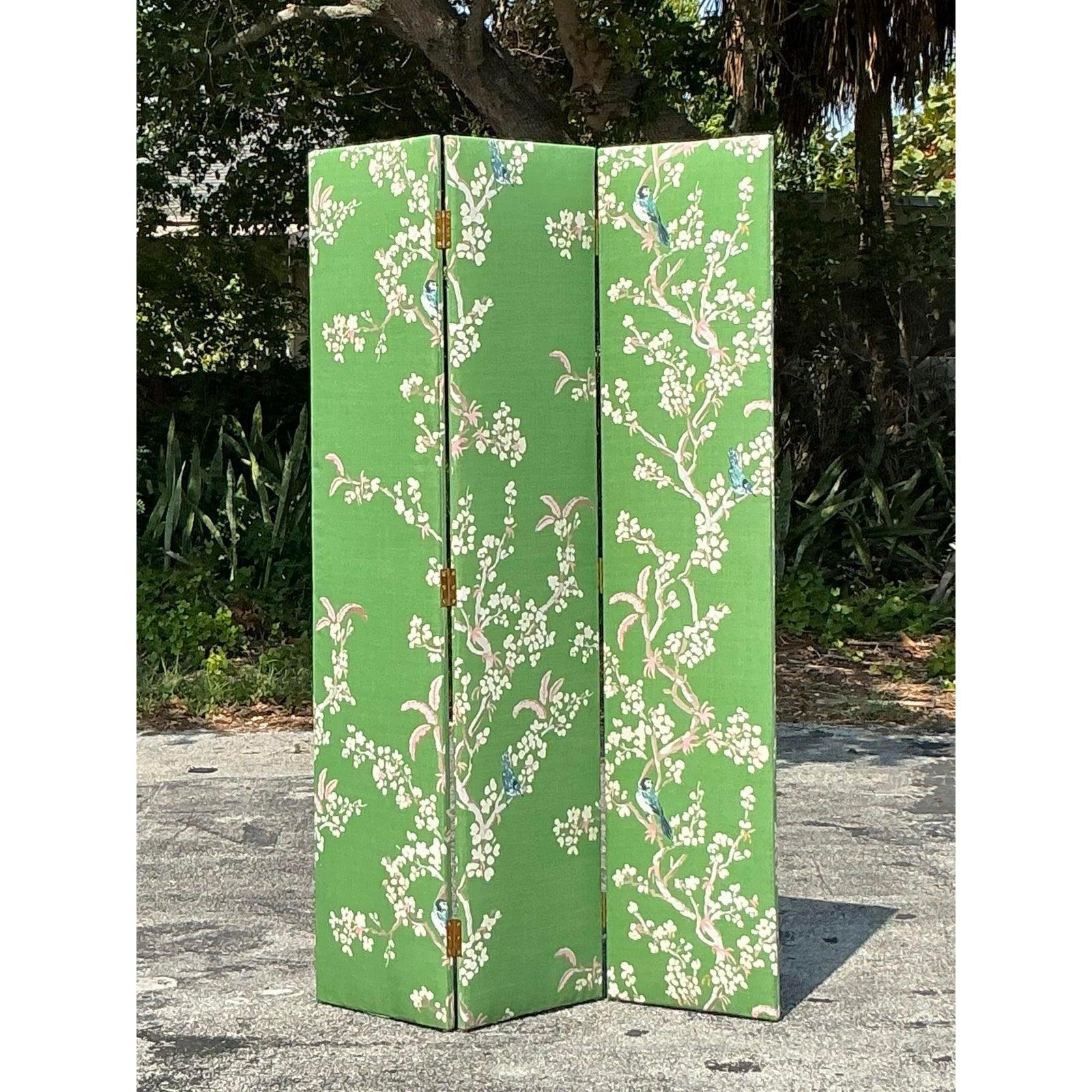 Vintage Regency Gracie Style Upholstered Three Panel Screen For Sale 1
