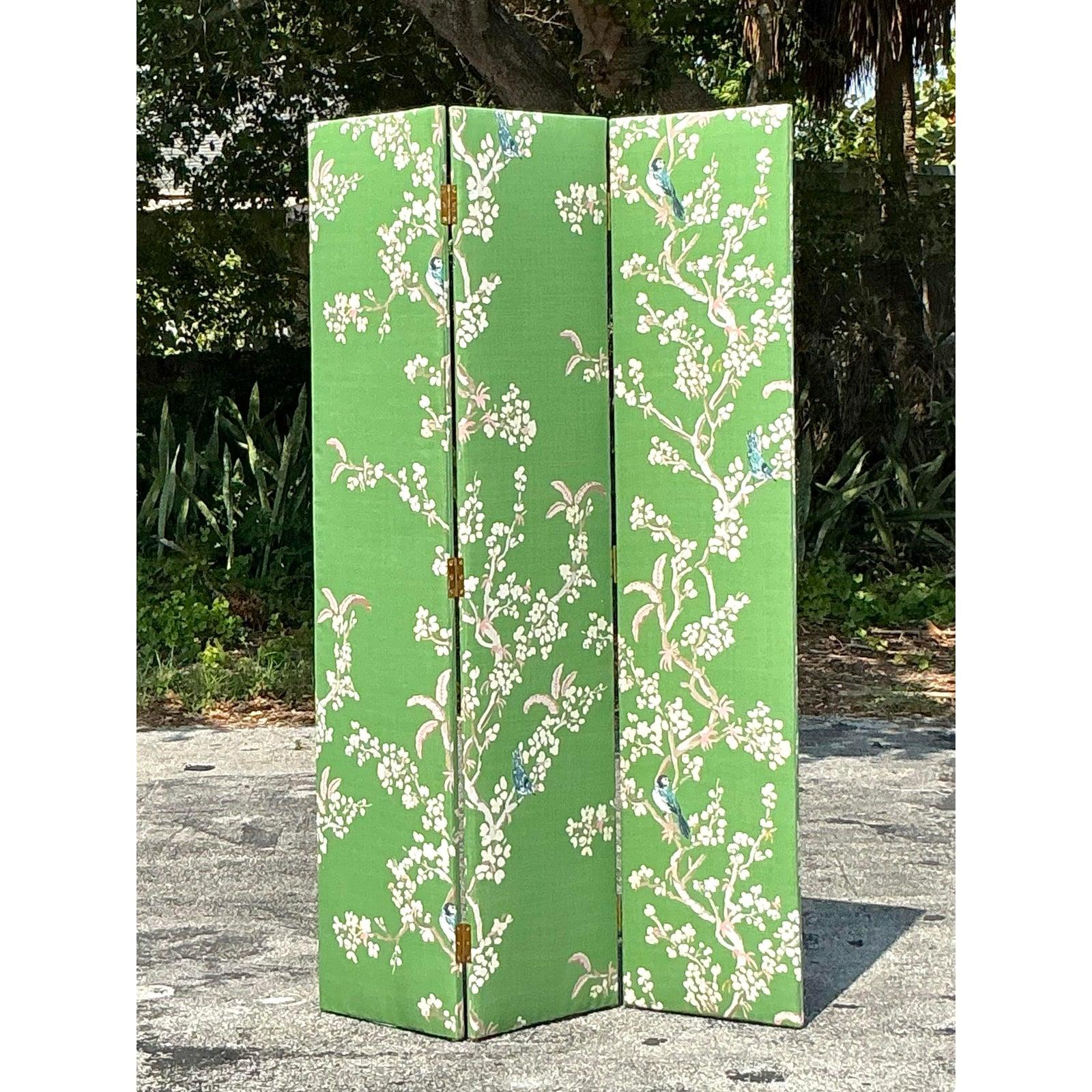 Vintage Regency Gracie Style Upholstered Three Panel Screen For Sale 2