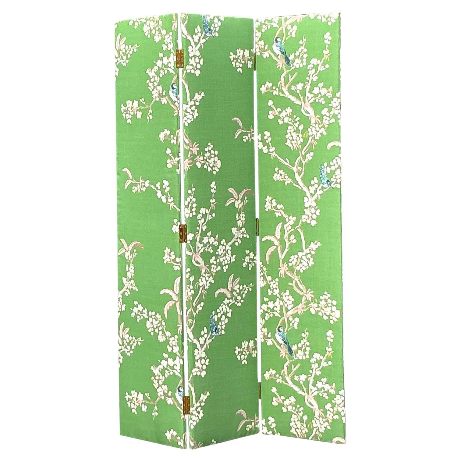 Vintage Regency Gracie Style Upholstered Three Panel Screen