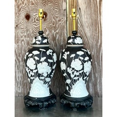 Vintage Regency Graphic Floral Ginger Jar Lamps - A Pair