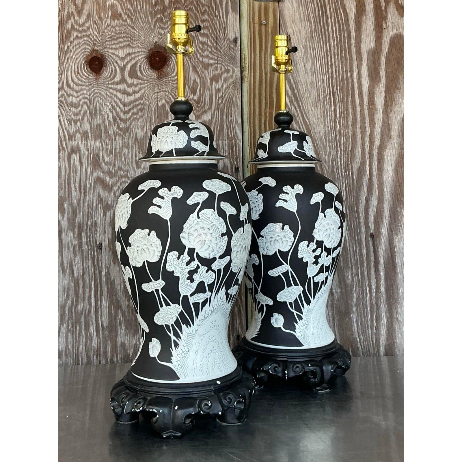American Vintage Regency Graphic Floral Ginger Jar Lamps - A Pair For Sale