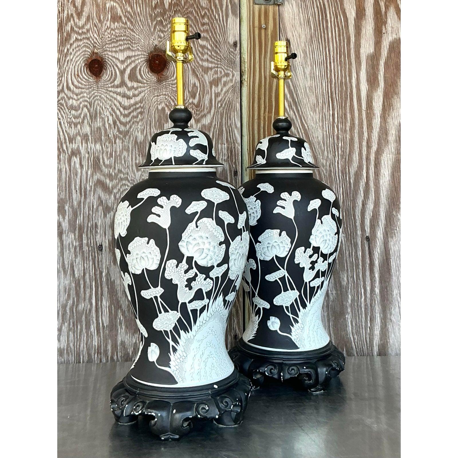 Vintage Regency Graphic Floral Ginger Jar Lamps - A Pair In Good Condition For Sale In west palm beach, FL