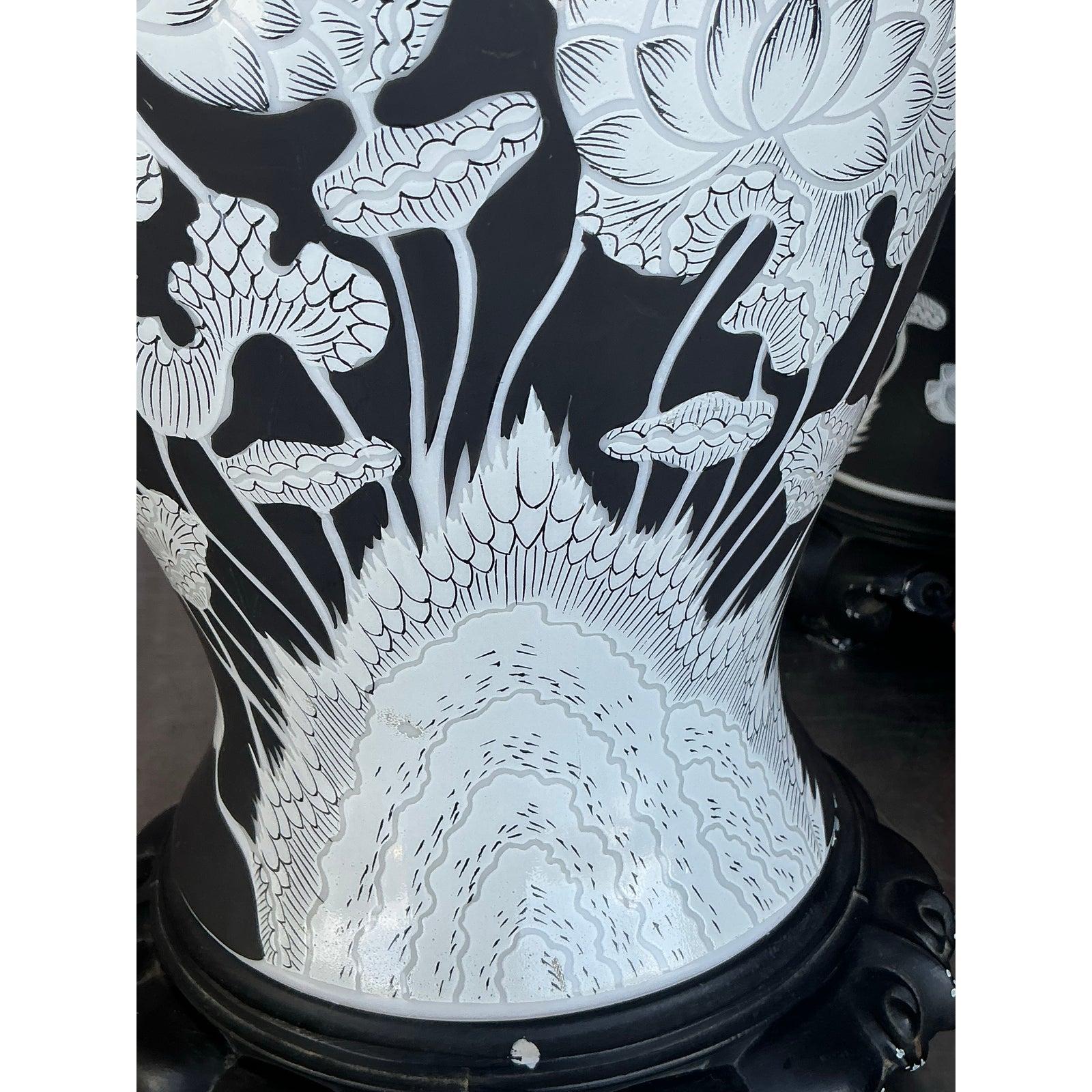 Vintage Regency Graphic Floral Ginger Jar Lamps - A Pair For Sale 1