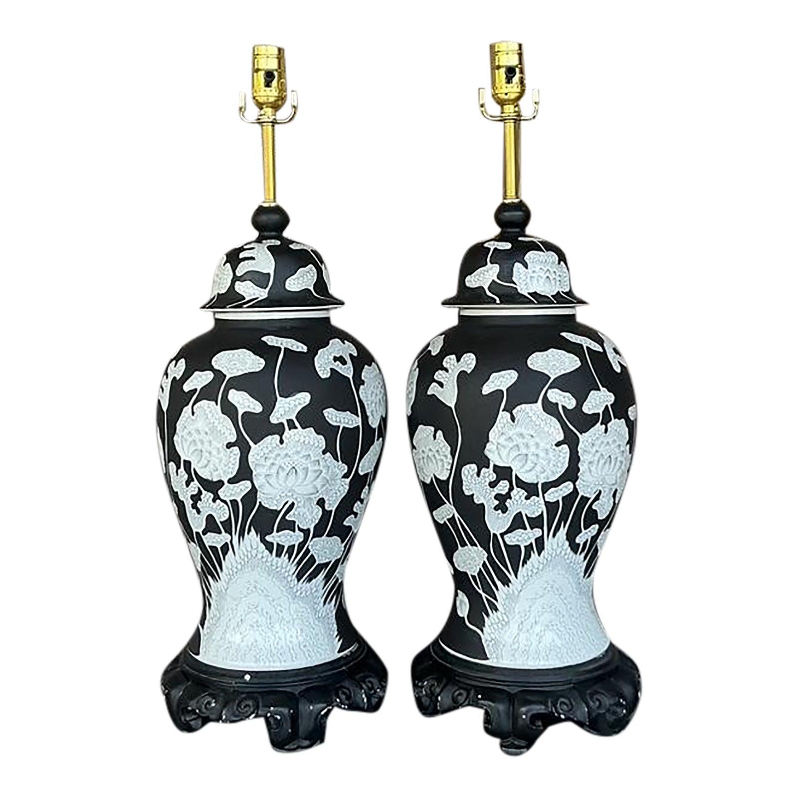 Vintage Regency Graphic Floral Ginger Jar Lamps - A Pair For Sale 2