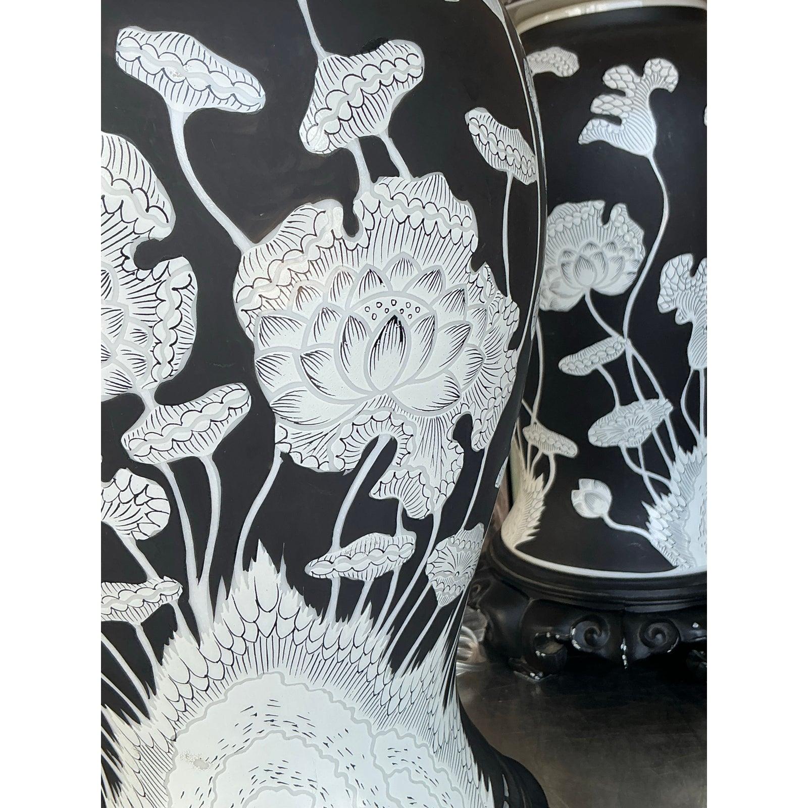 Vintage Regency Graphic Floral Ginger Jar Lamps - A Pair For Sale 3