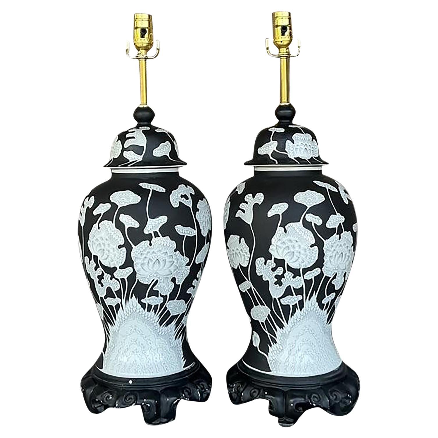 Vintage Regency Graphic Floral Ginger Jar Lamps - A Pair For Sale