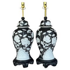 Vintage Regency Graphic Floral Ginger Jar Lamps - A Pair