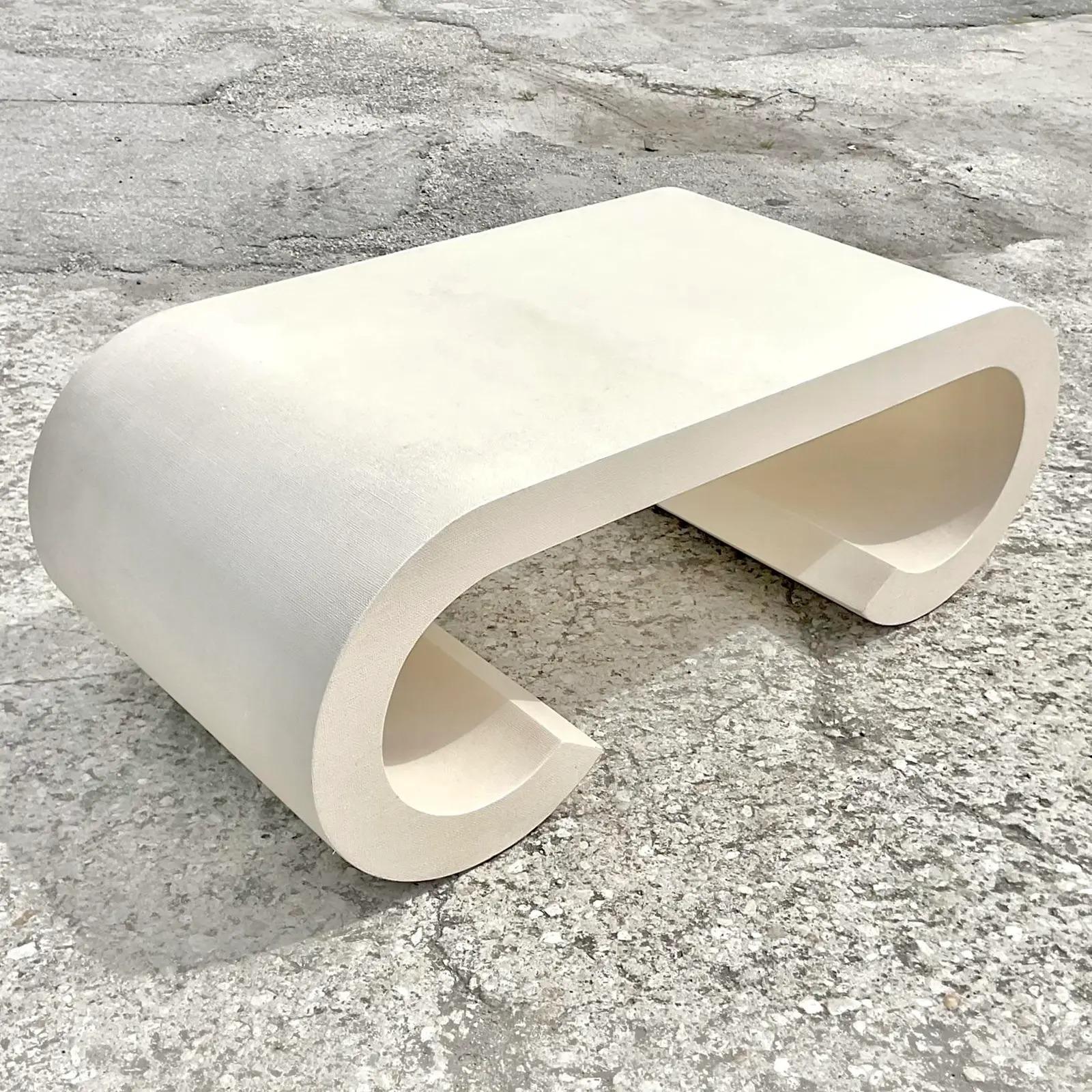 Vintage Regency Grasscloth Scroll Coffee Table In Good Condition In West Palm Beach, FL