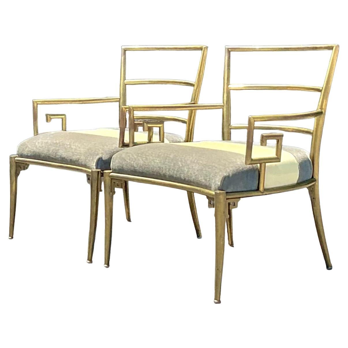 Vintage Regency Greek Key Brass Lounge Chairs After Mastercraft - A Pair
