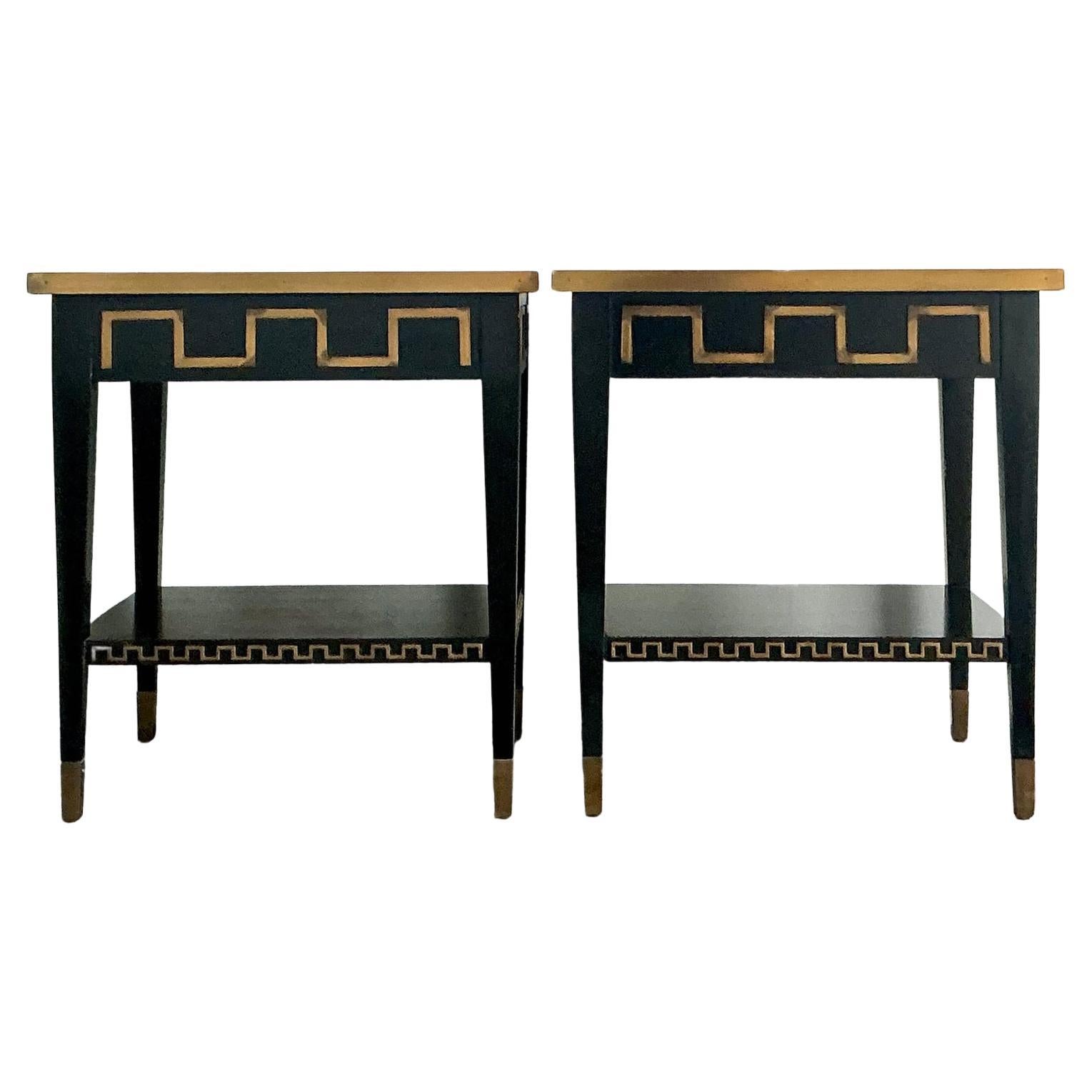 Vintage Regency Greek Key Brass Trim Side Tables - A Pair For Sale