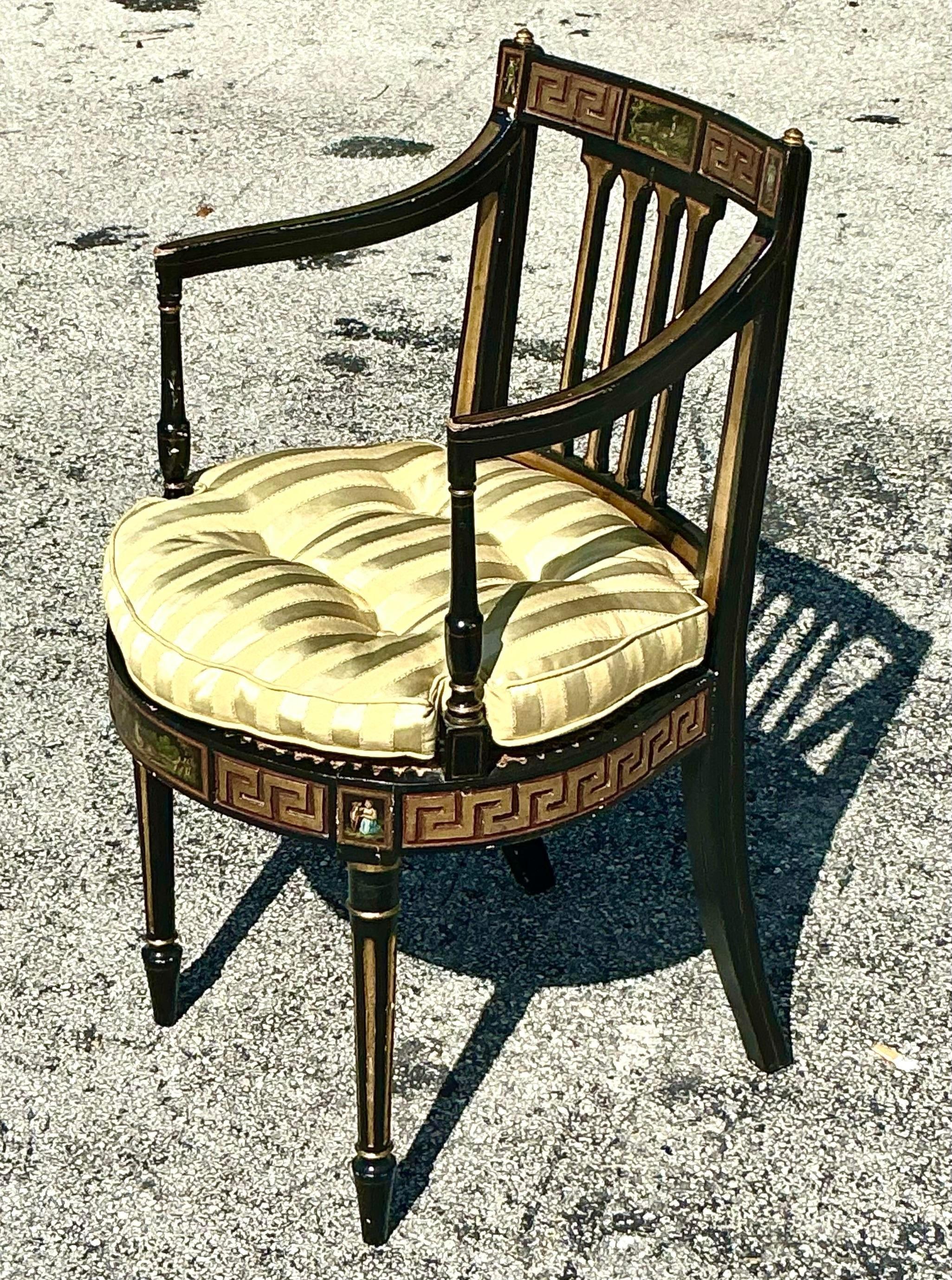 Vintage Regency Greek Key Hand Painted Cane Chair For Sale 4