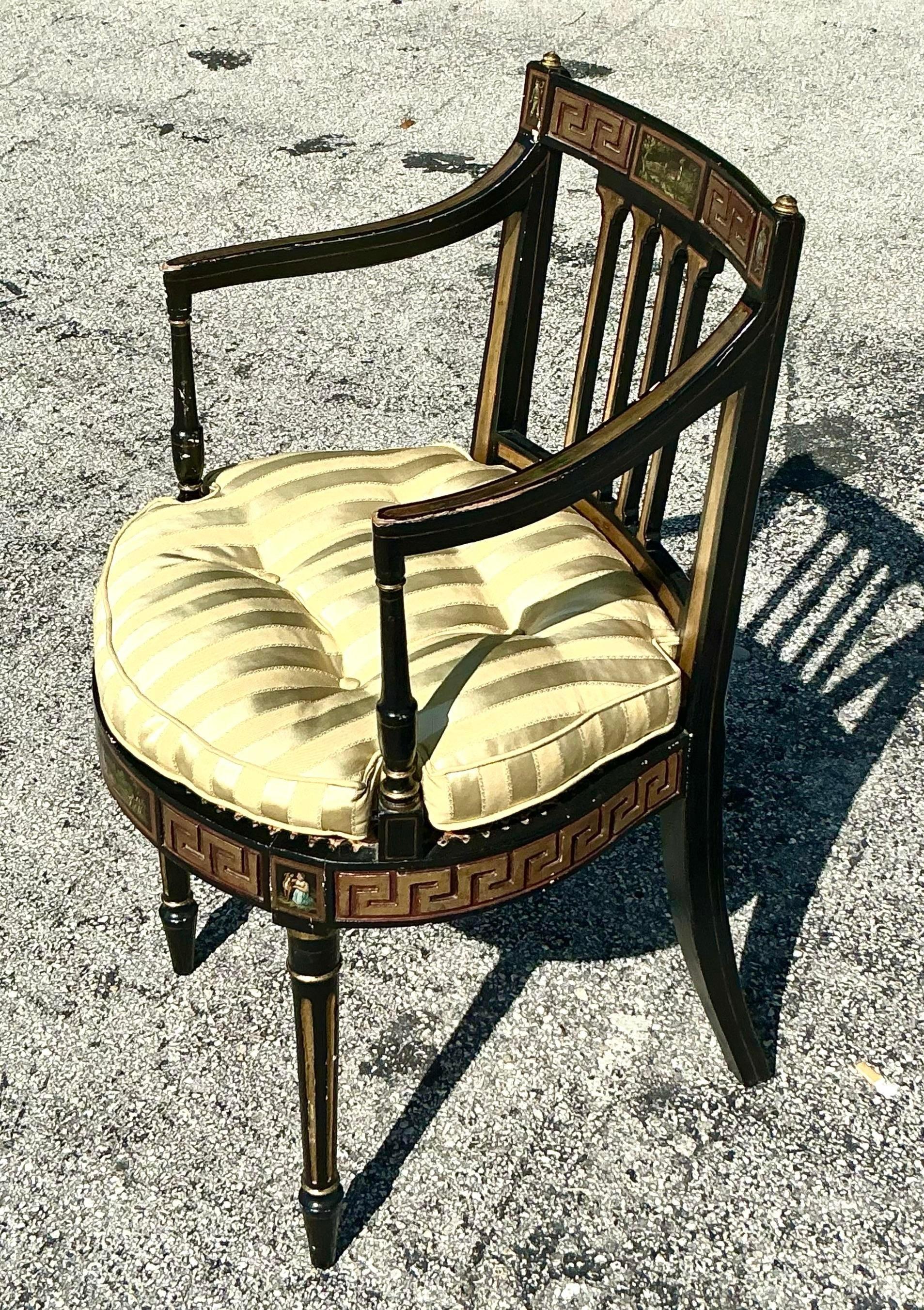 Vintage Regency Greek Key Hand Painted Cane Chair For Sale 5