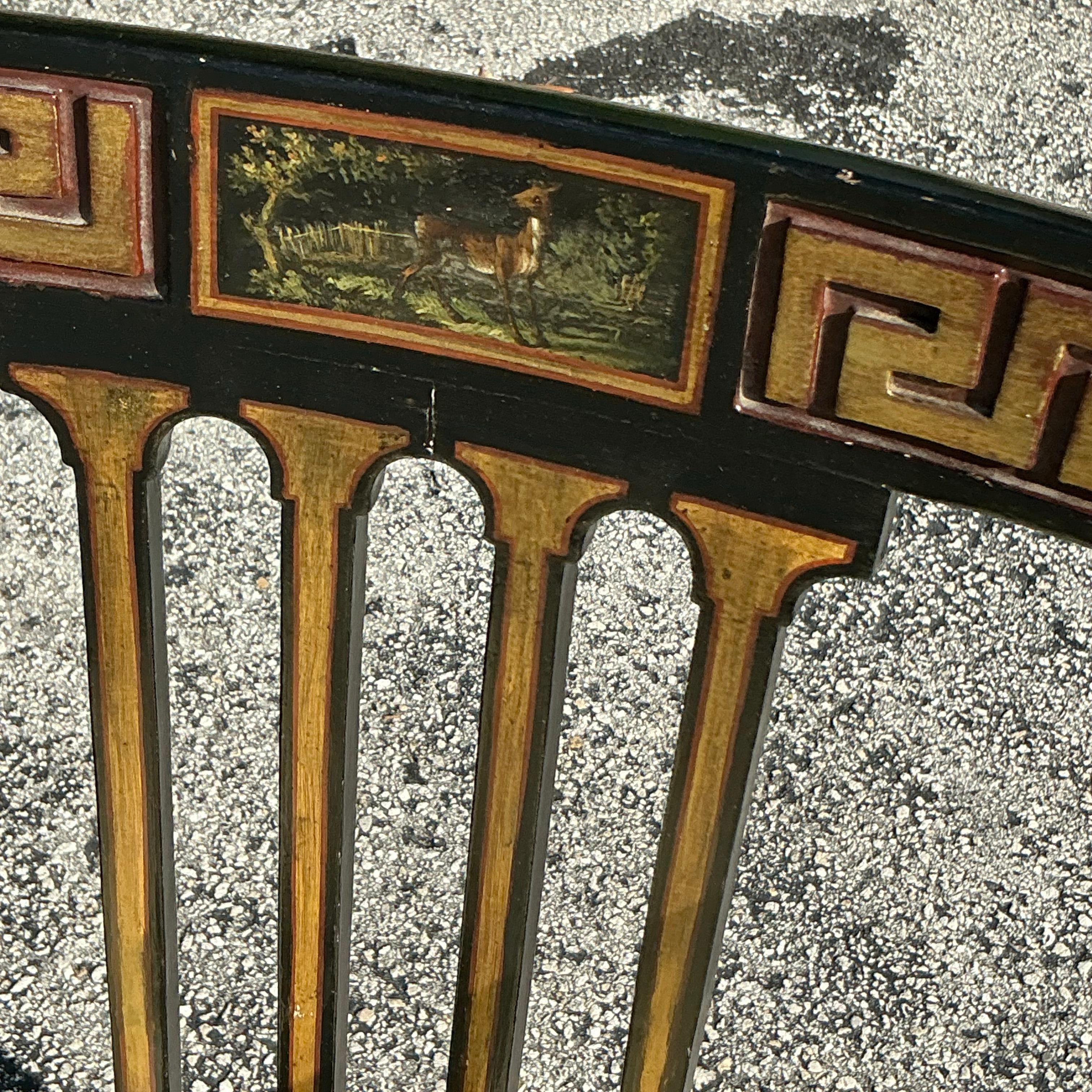 Introducing our Vintage Regency Greek Key Hand-Painted Cane Chair: a masterpiece of craftsmanship and design. This chair showcases a classic Greek key pattern intricately hand-painted on its frame, complemented by a beautifully woven cane seat. Its