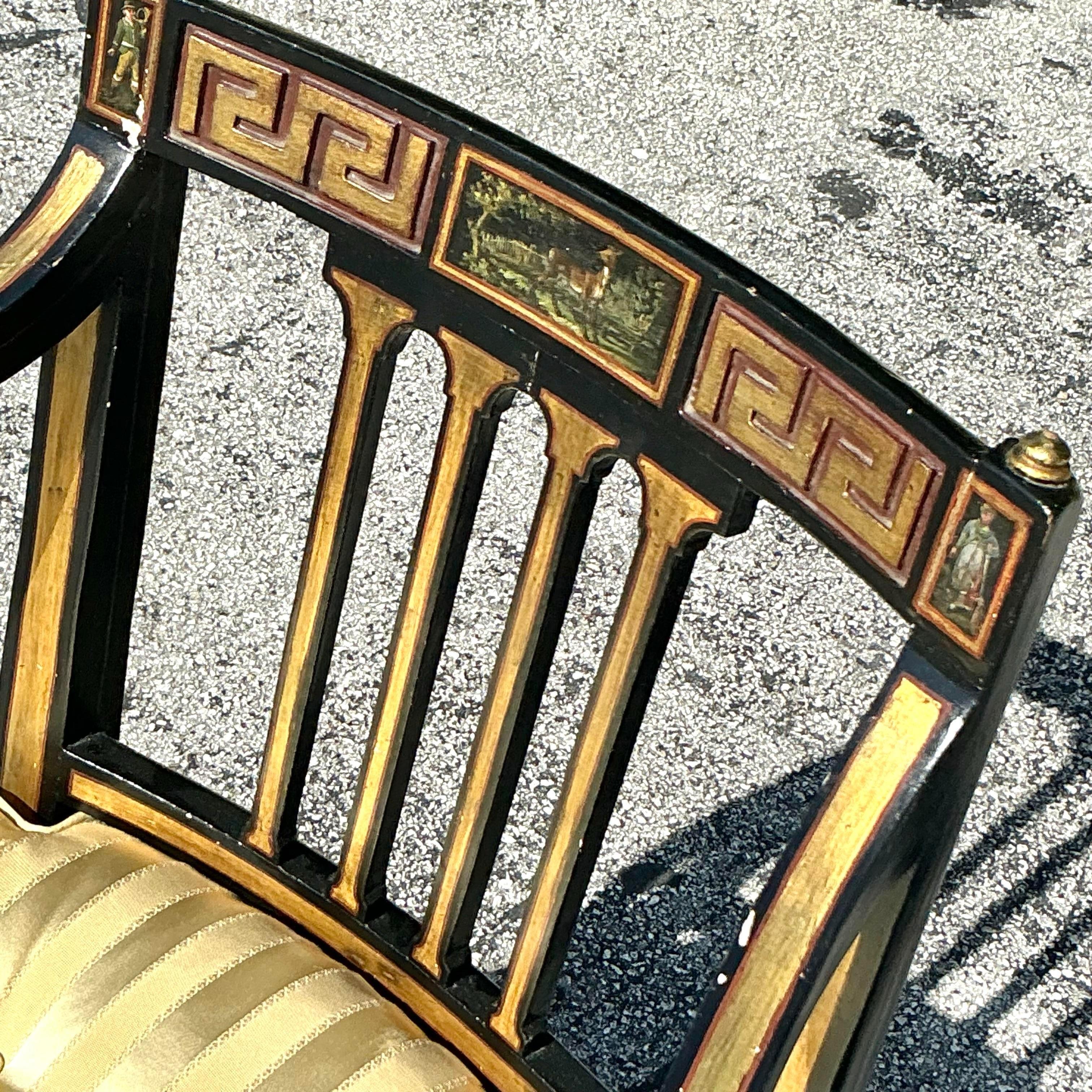 Upholstery Vintage Regency Greek Key Hand Painted Cane Chair For Sale