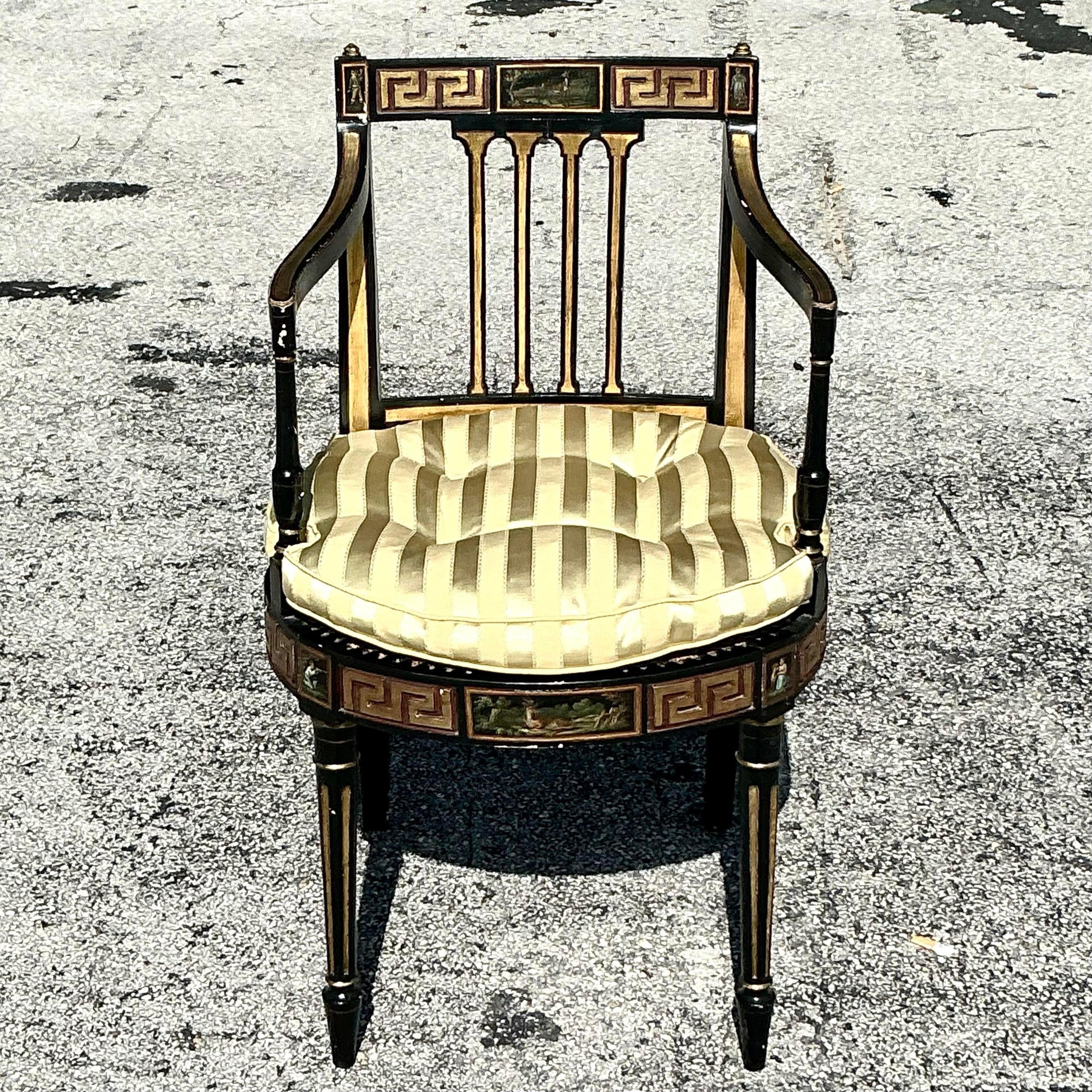 Vintage Regency Greek Key Hand Painted Cane Chair For Sale 1