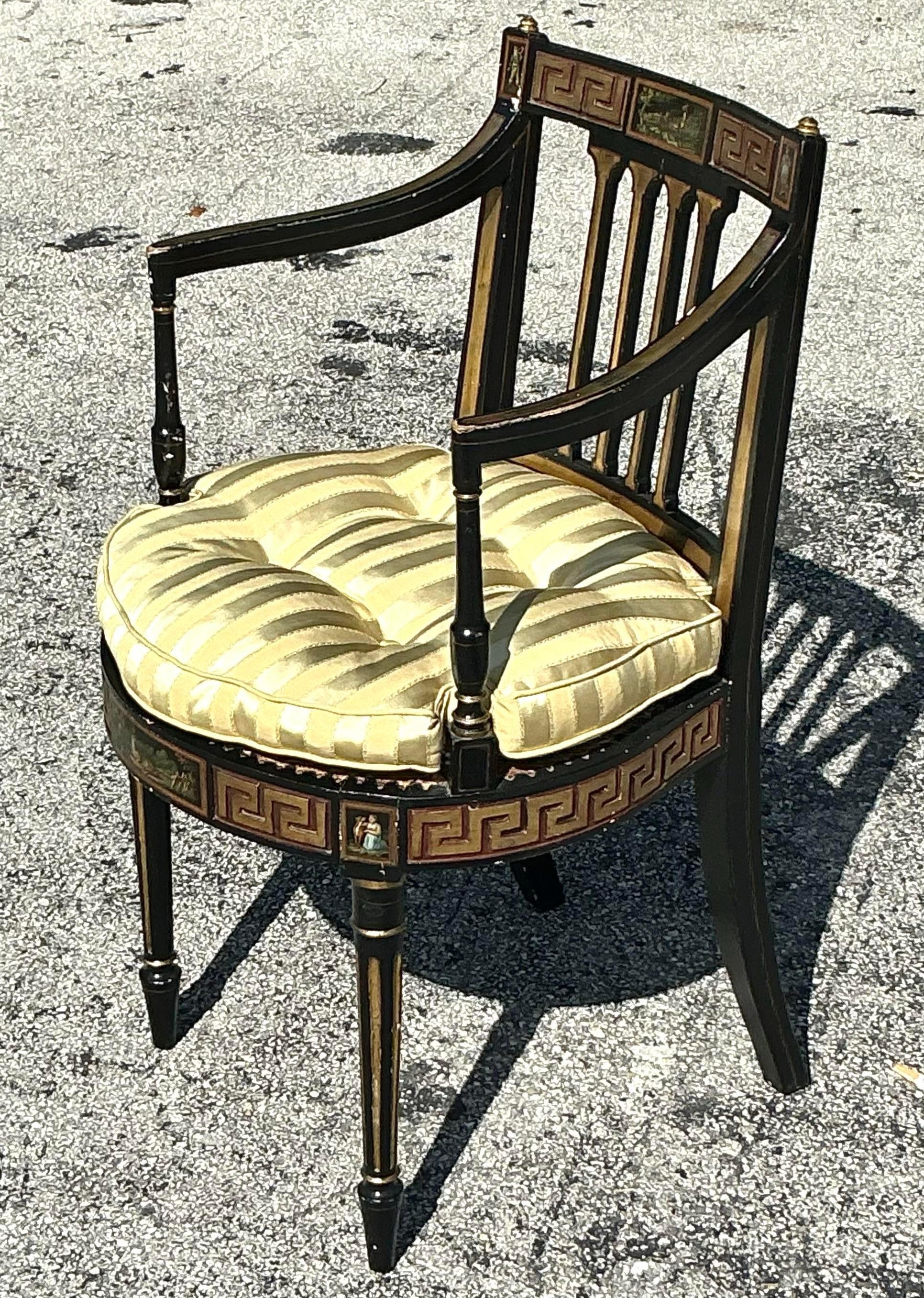 Vintage Regency Greek Key Hand Painted Cane Chair For Sale 2