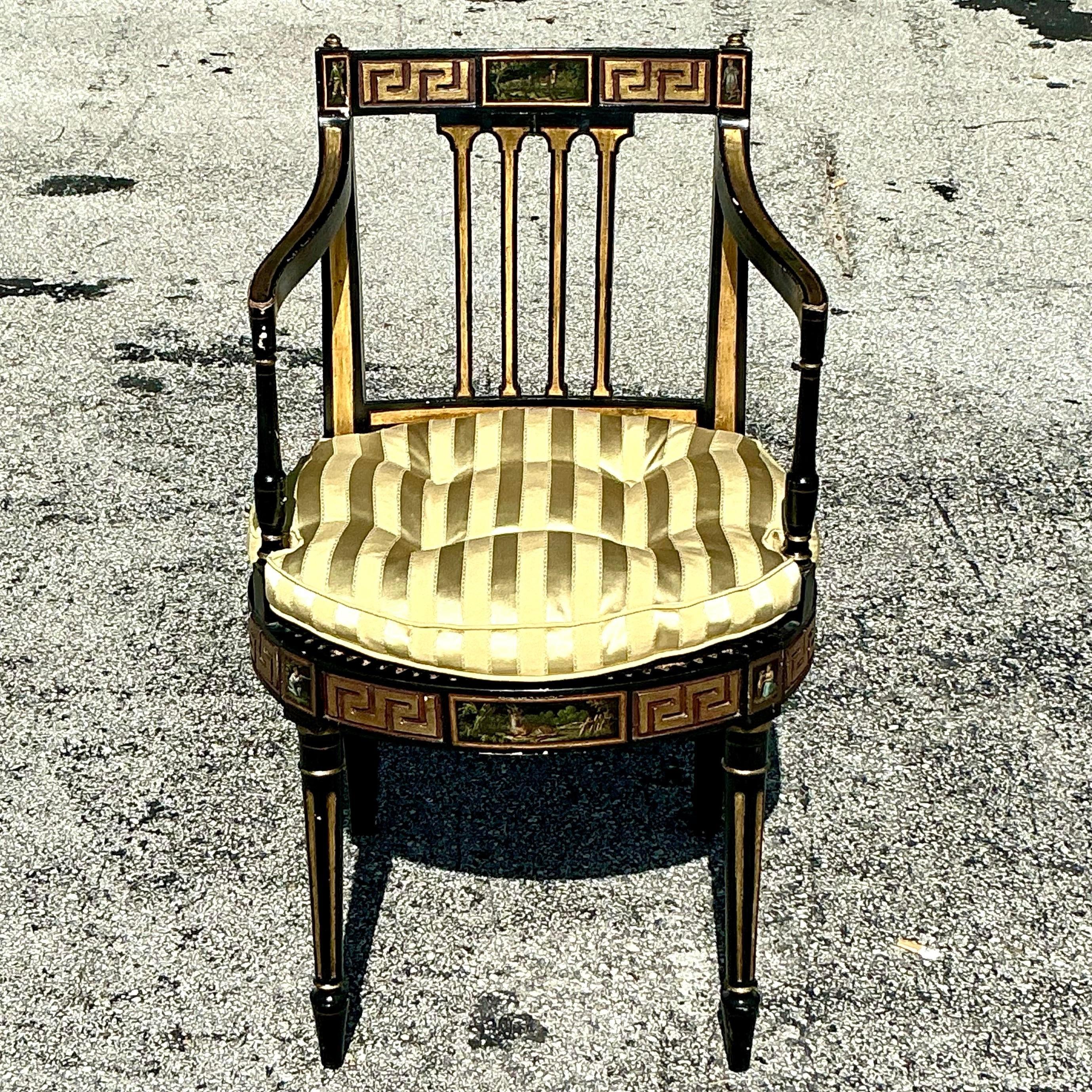 Vintage Regency Greek Key Hand Painted Cane Chair For Sale 3