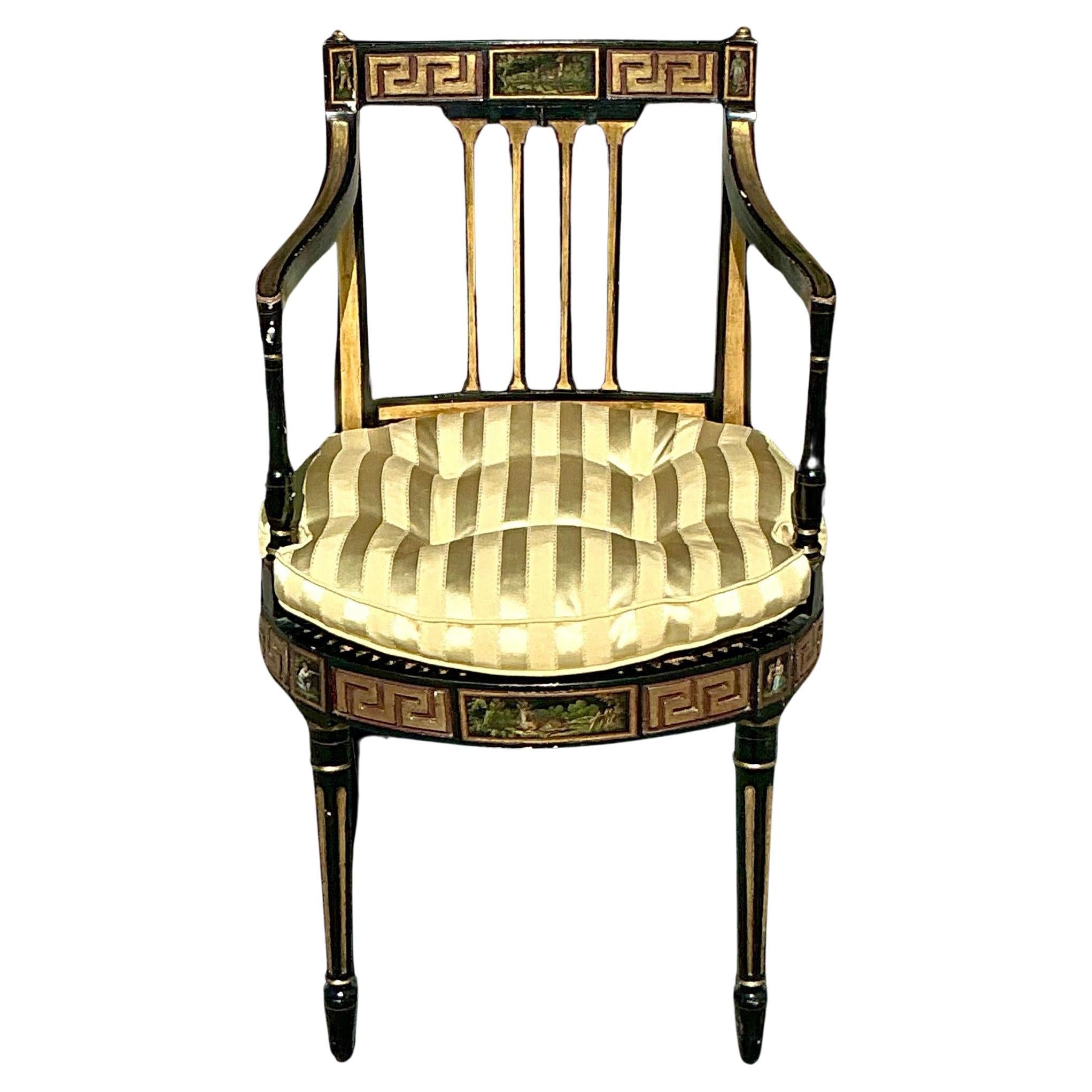 Vintage Regency Greek Key Hand Painted Cane Chair For Sale