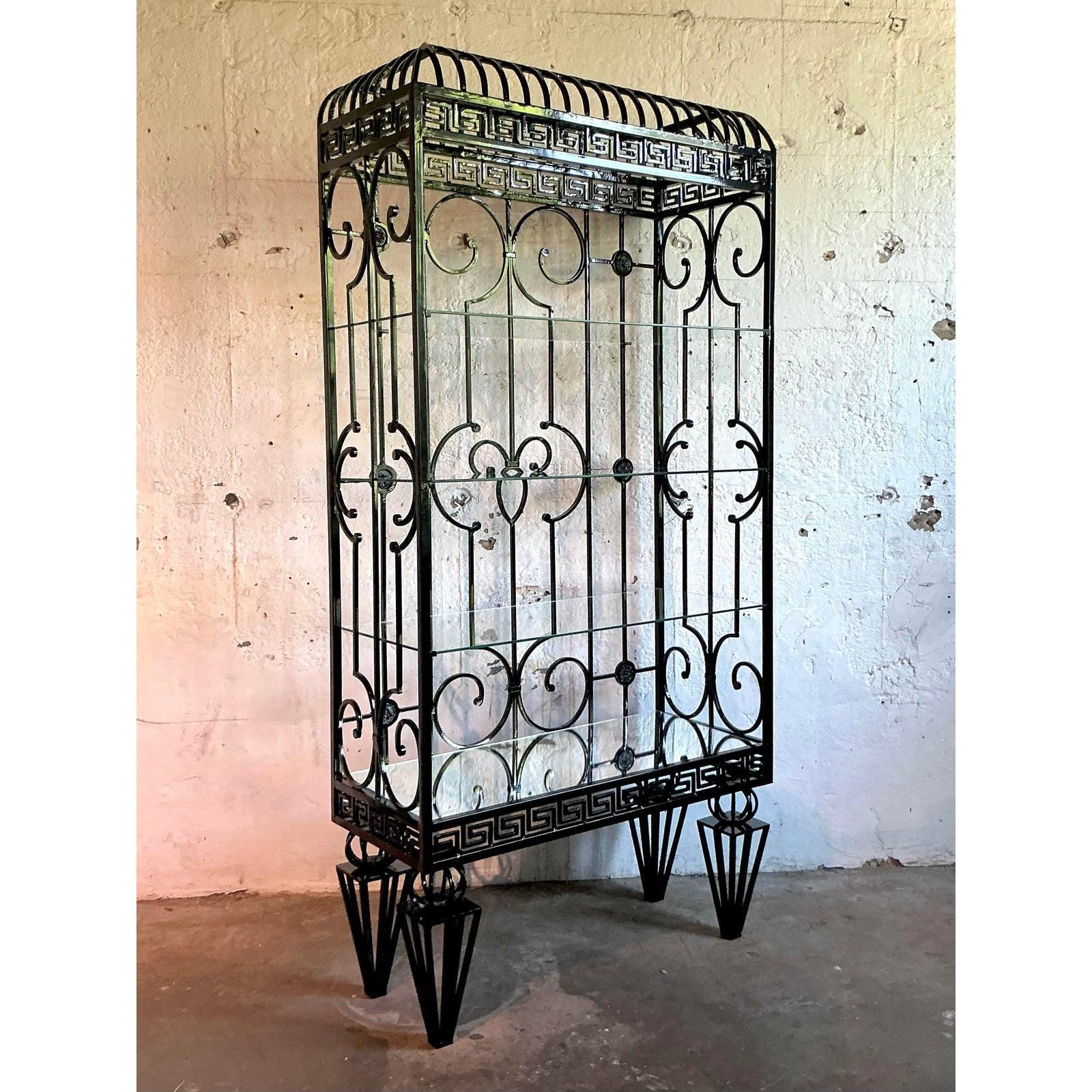 Vintage Regency Greek Key Wrought Iron Etagere In Good Condition For Sale In West Palm Beach, FL