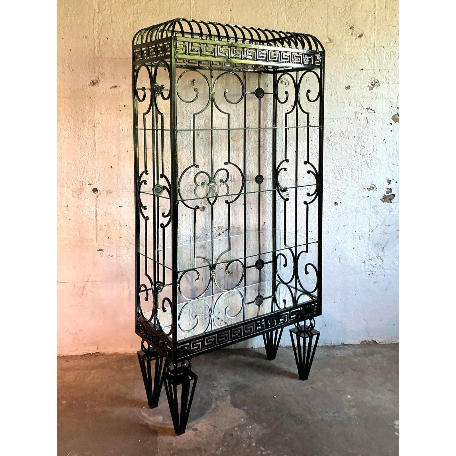 Mirror Vintage Regency Greek Key Wrought Iron Etagere For Sale