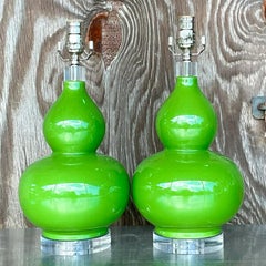 Vintage Regency Green Gourd Table Lamps - a Pair