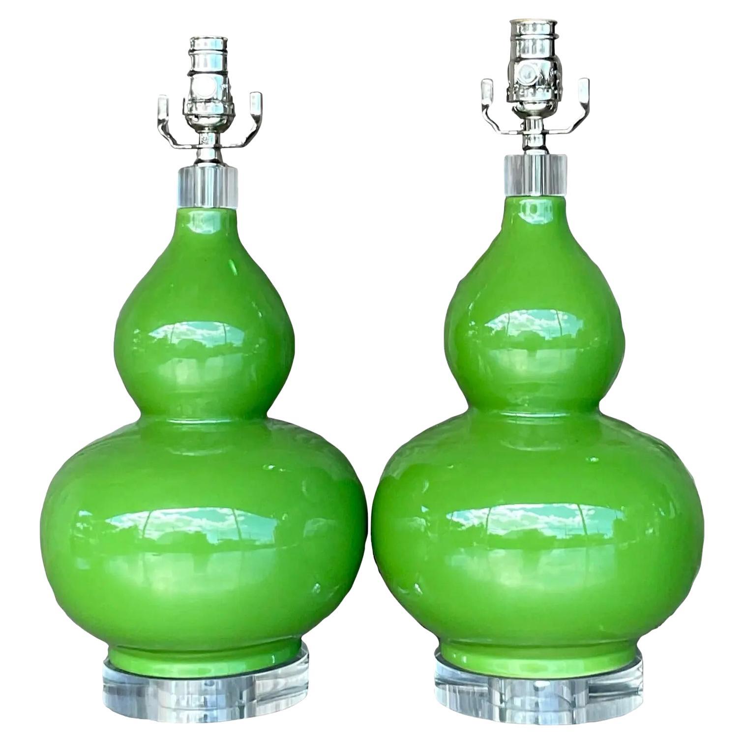 Vintage Regency Green Gourd Table Lamps - a Pair
