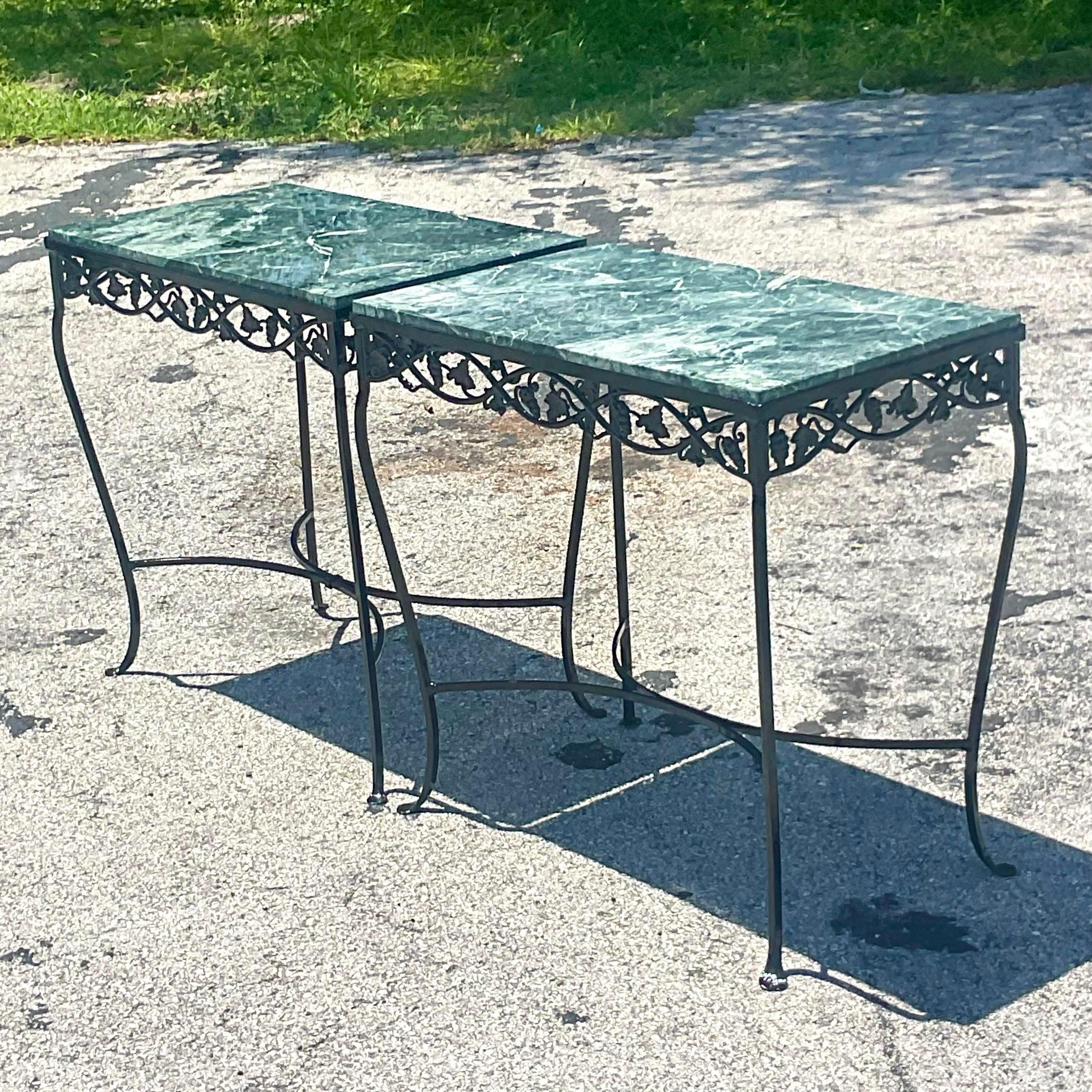 American Vintage Regency Green Marble Wrought Iron Console Tables - a Pair For Sale