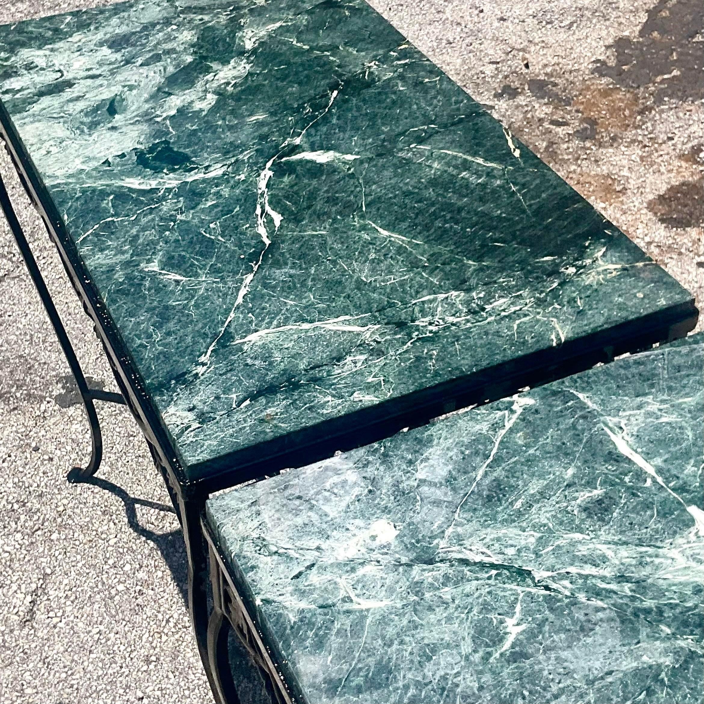 Vintage Regency Green Marble Wrought Iron Console Tables - a Pair In Good Condition For Sale In west palm beach, FL