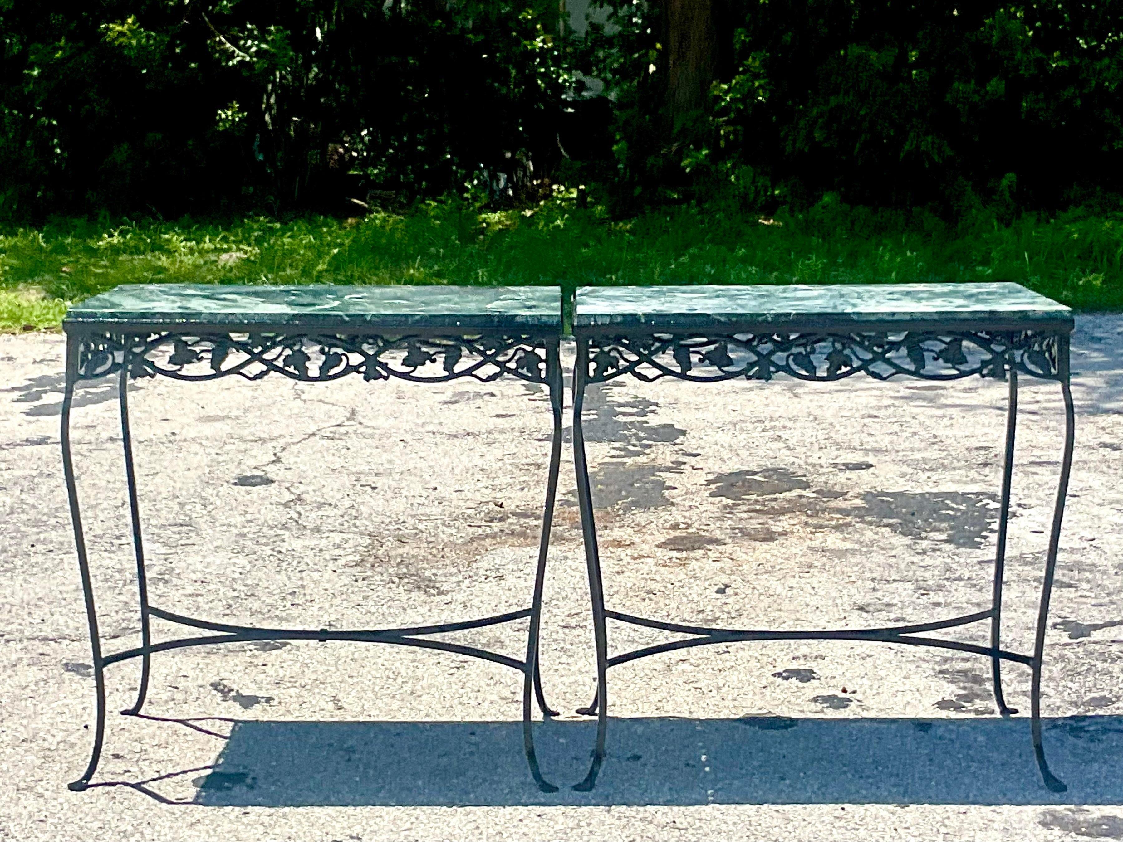 20th Century Vintage Regency Green Marble Wrought Iron Console Tables - a Pair For Sale