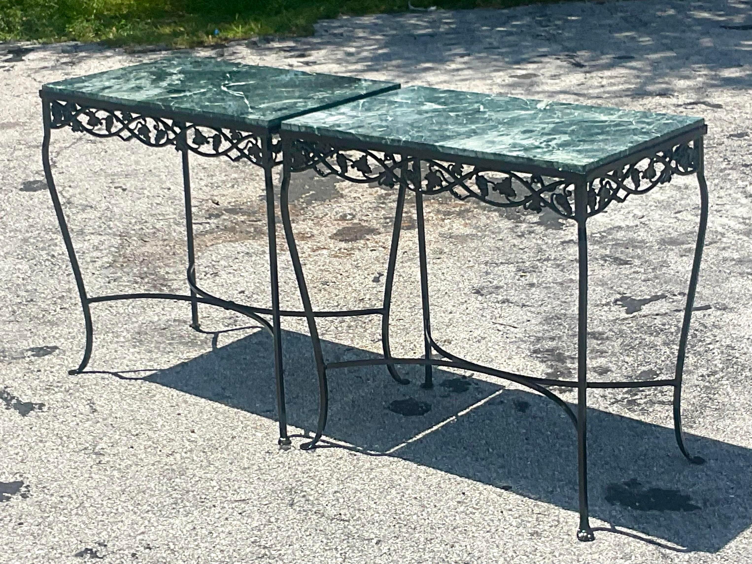 Vintage Regency Green Marble Wrought Iron Console Tables - a Pair For Sale 1