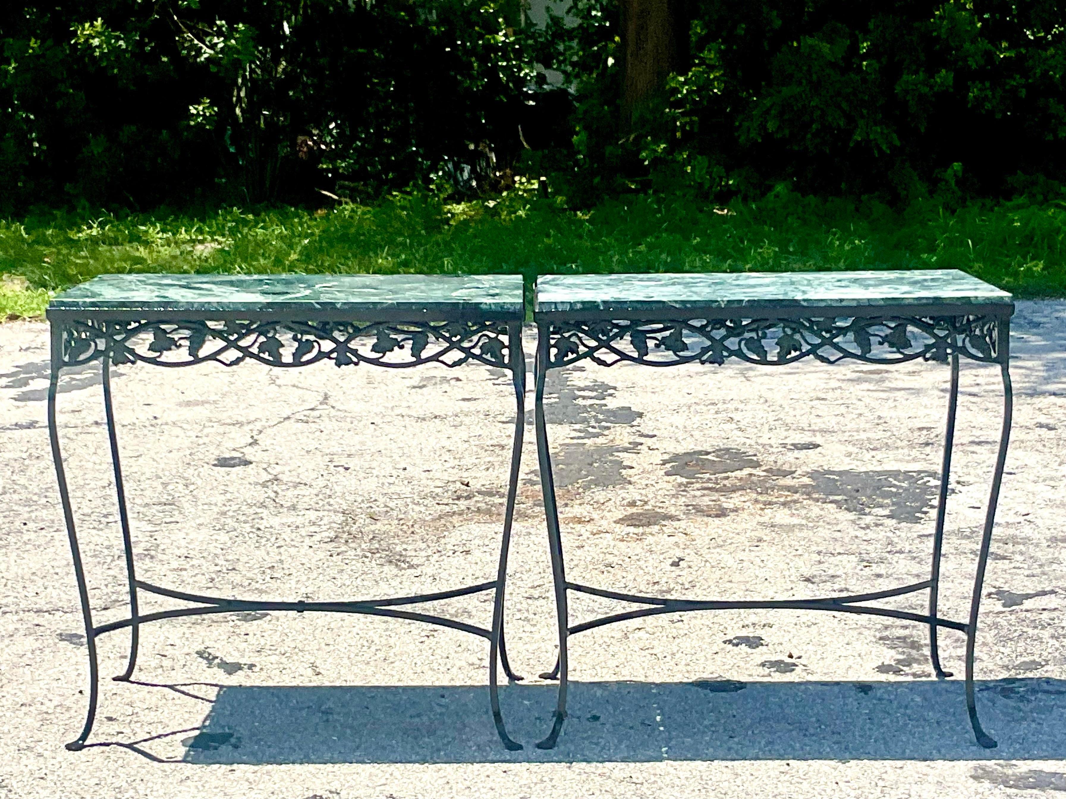 Vintage Regency Green Marble Wrought Iron Console Tables - a Pair For Sale 2