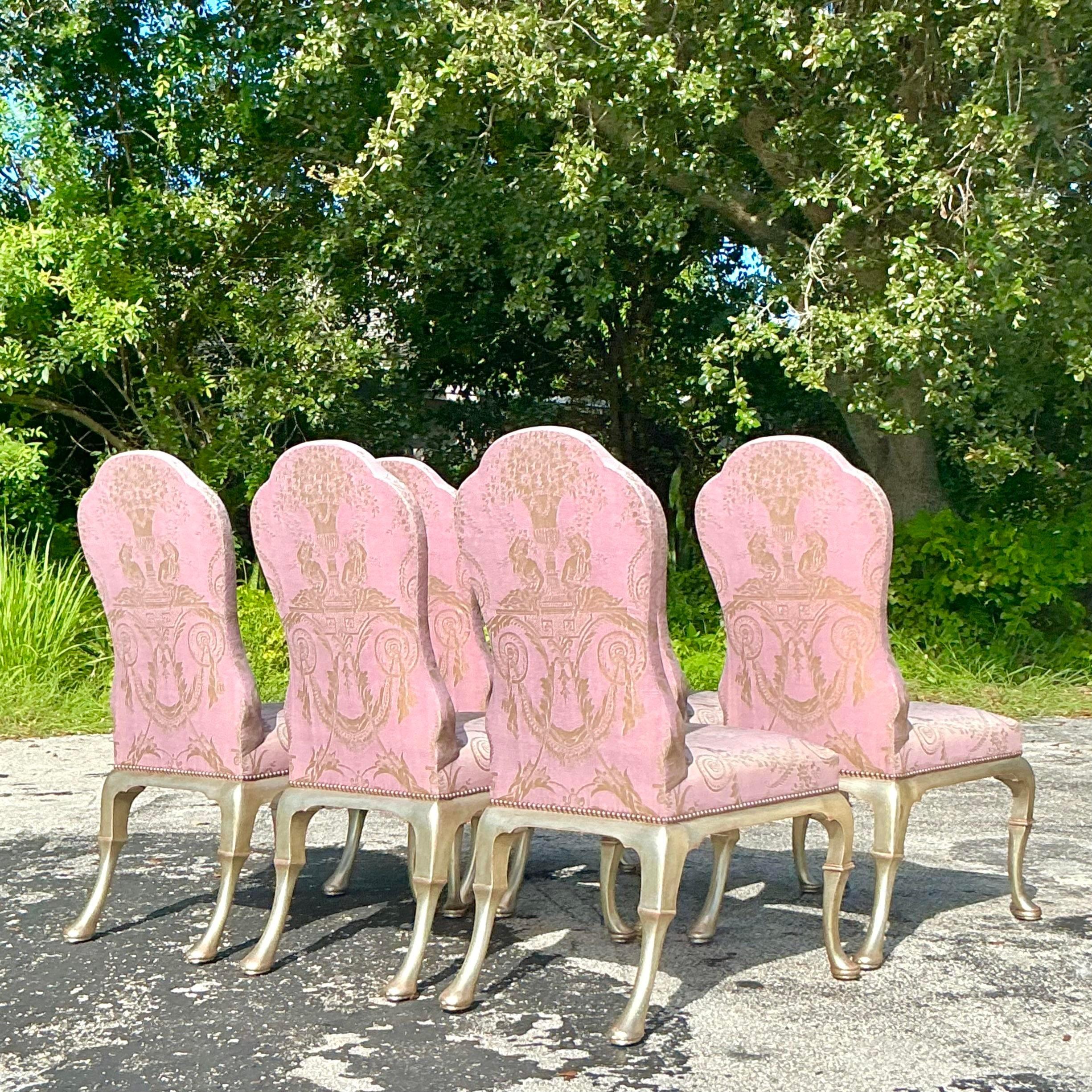 Américain Chaises de salle à manger Regency Gregorius Pineo en tissu Fortuny - Lot de 6 en vente