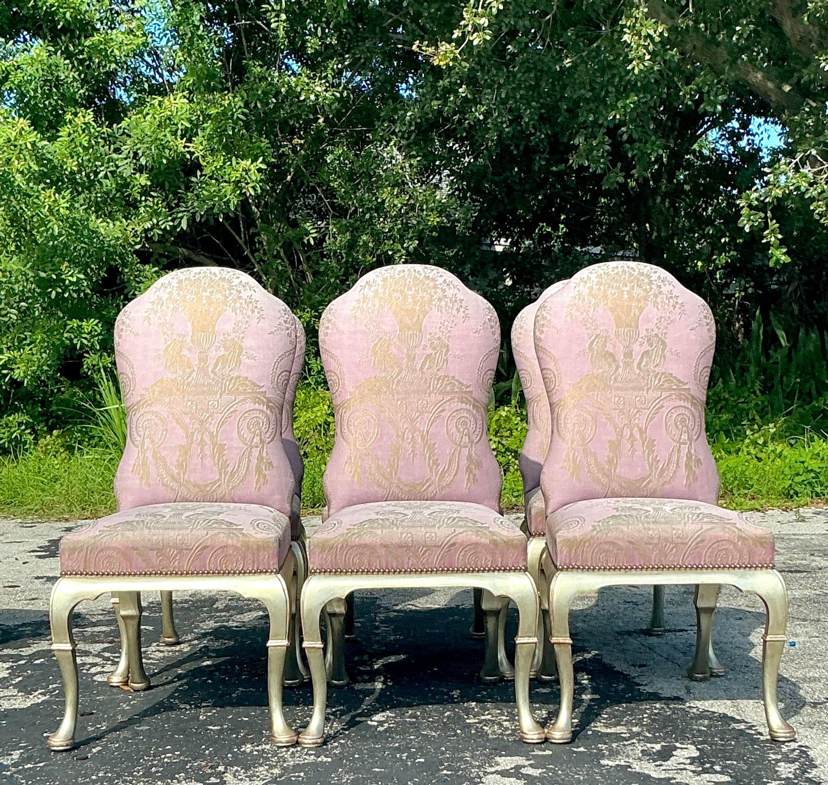 Tissu d'ameublement Chaises de salle à manger Regency Gregorius Pineo en tissu Fortuny - Lot de 6 en vente