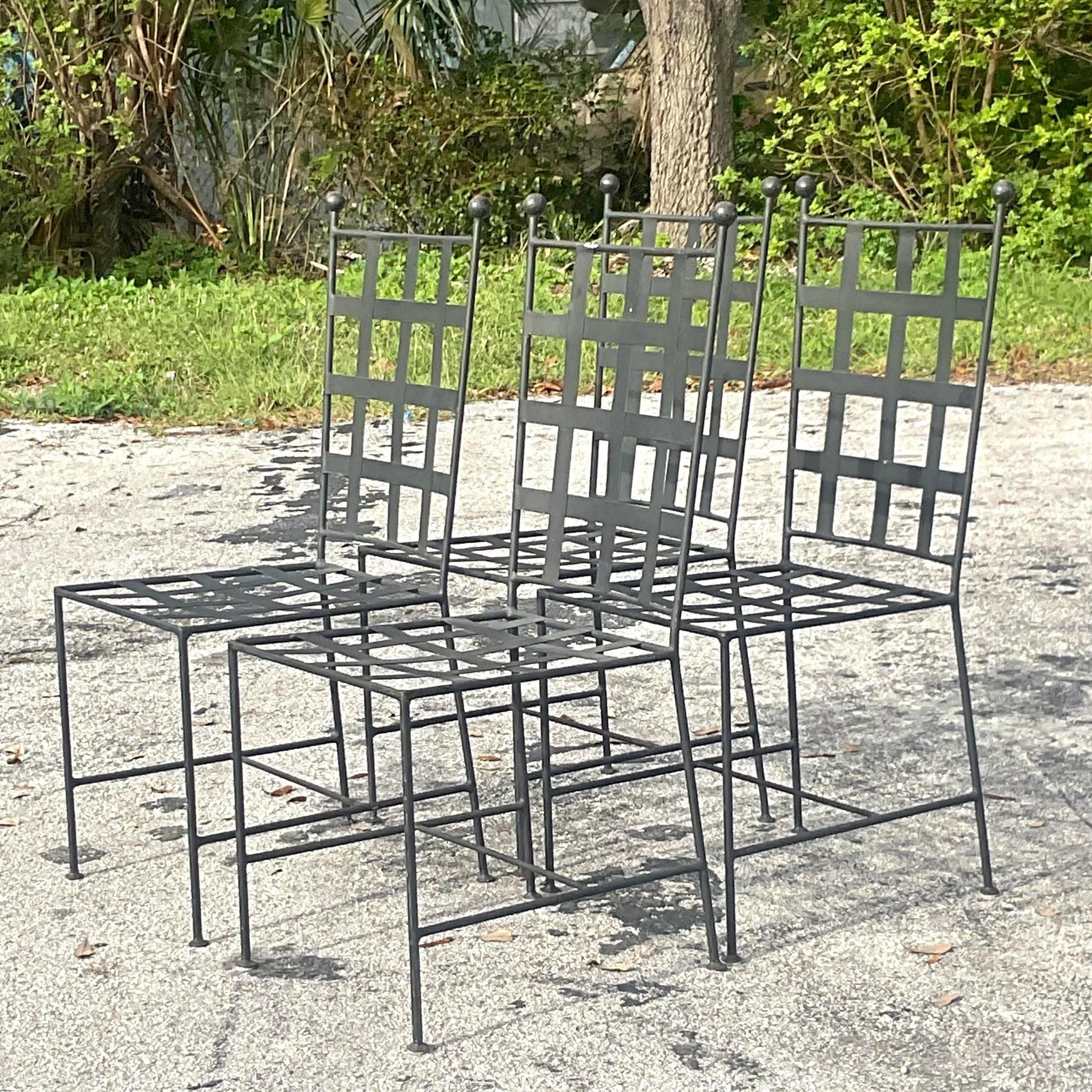 American Vintage Regency Grid Wrought Iron Dining Chairs - Set of 4 For Sale