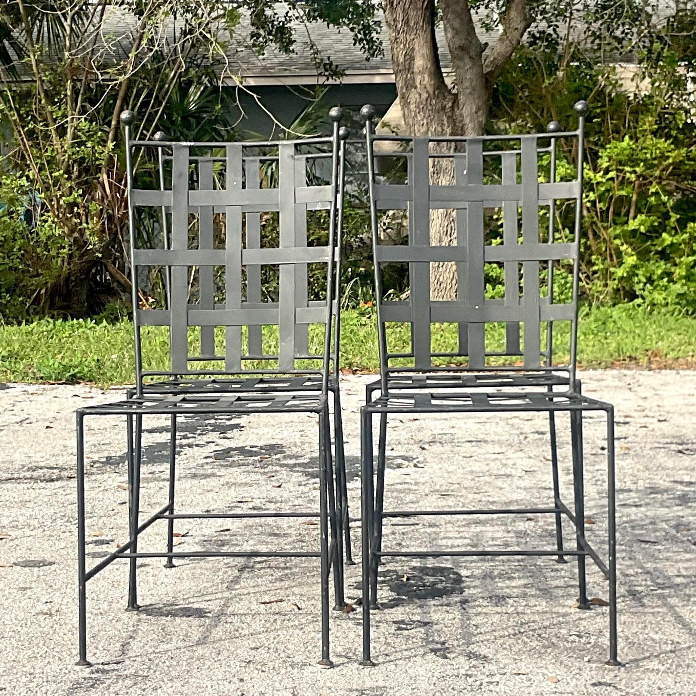 Vintage Regency Grid Wrought Iron Dining Chairs - Set of 4 In Good Condition For Sale In west palm beach, FL