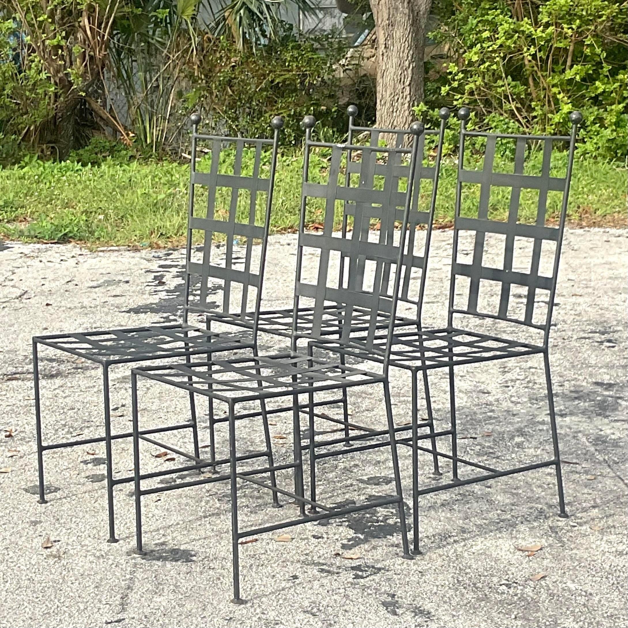 20th Century Vintage Regency Grid Wrought Iron Dining Chairs - Set of 4 For Sale