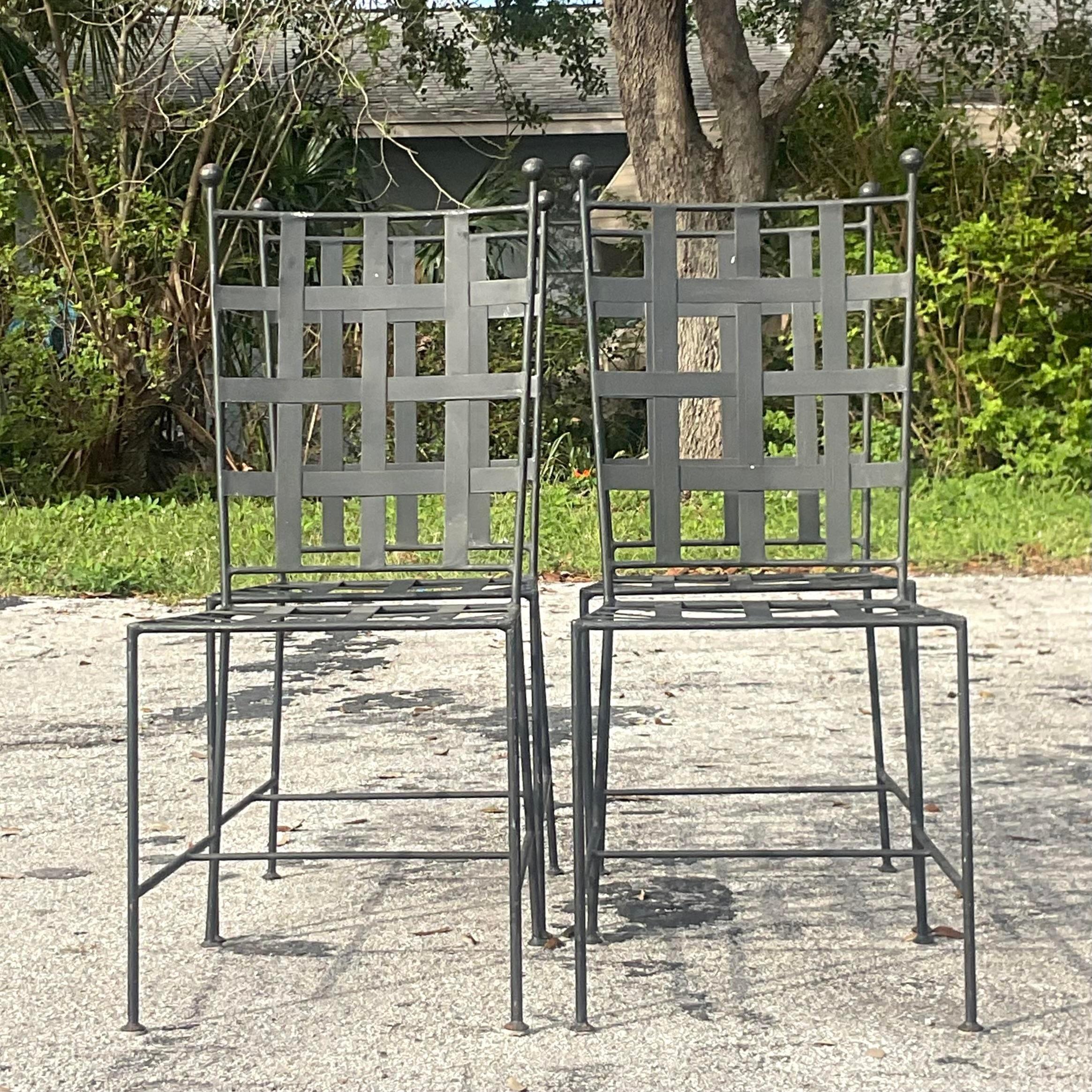 Vintage Regency Grid Wrought Iron Dining Chairs - Set of 4 For Sale 1
