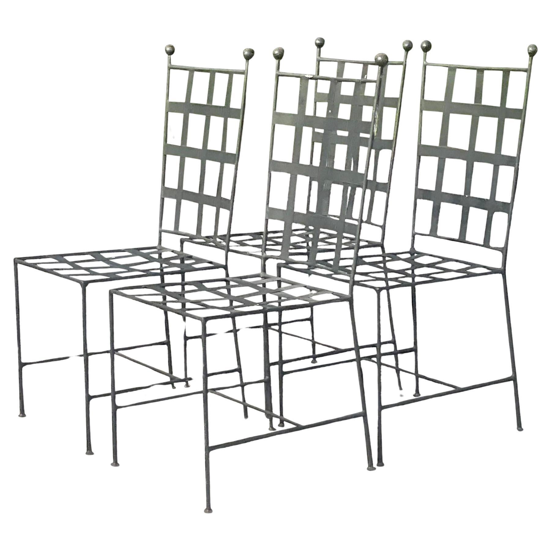 Vintage Regency Grid Wrought Iron Dining Chairs - Set of 4