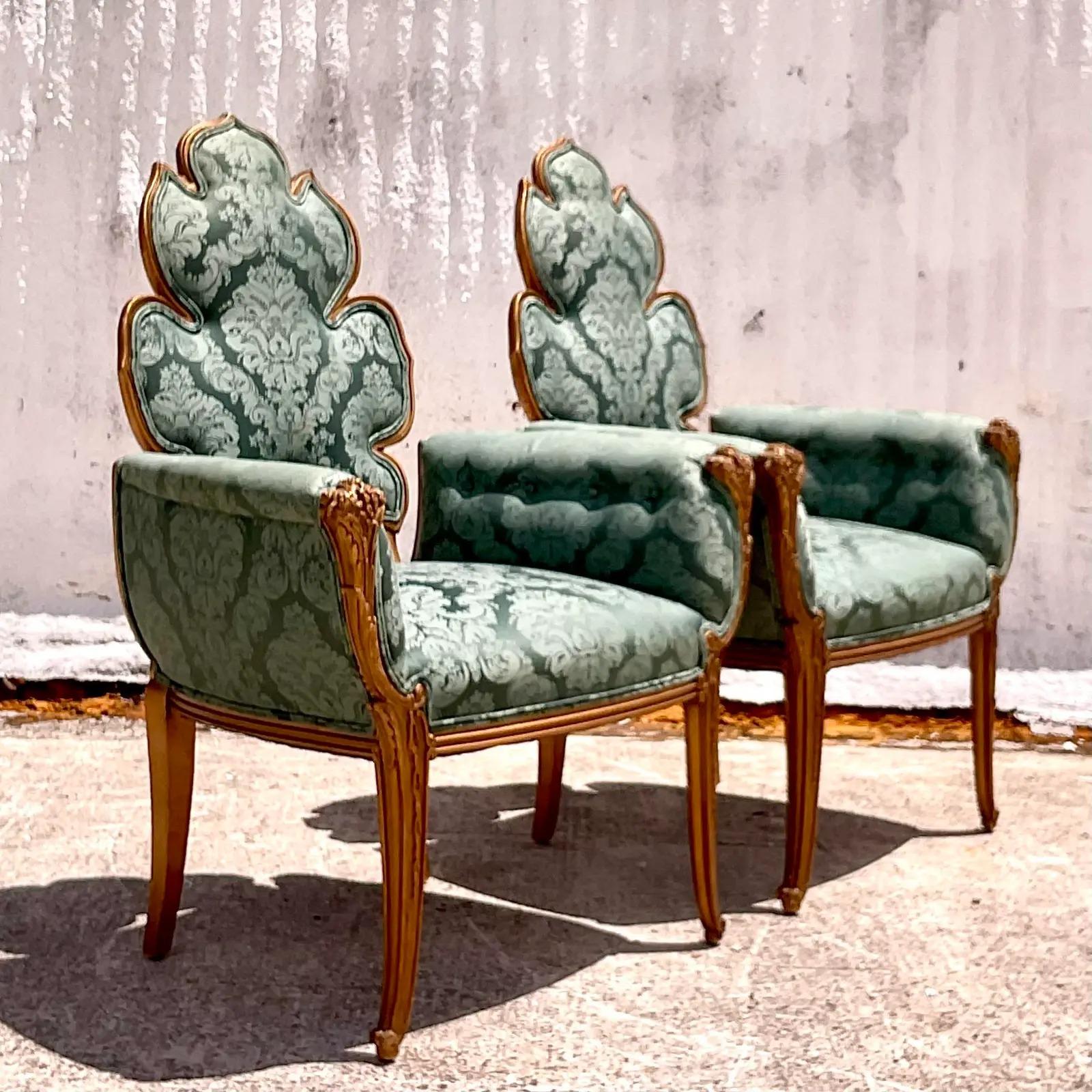 North American Vintage Regency Grosfeld House Leaf Carved Arm Chairs, a Pair
