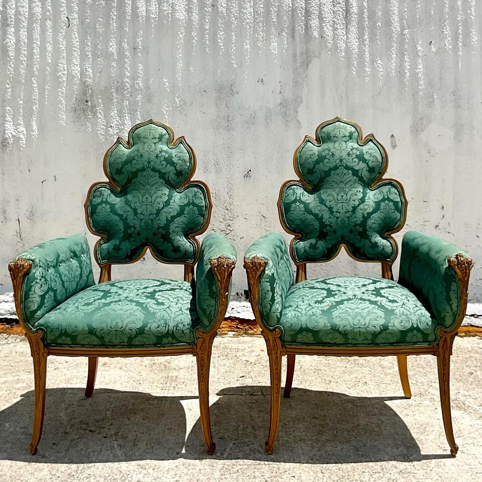 Vintage Regency Grosfeld House Leaf Carved Arm Chairs, a Pair In Good Condition In west palm beach, FL
