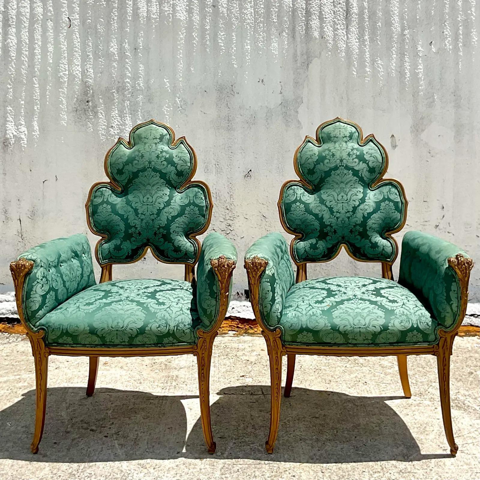 20th Century Vintage Regency Grosfeld House Leaf Carved Arm Chairs, a Pair