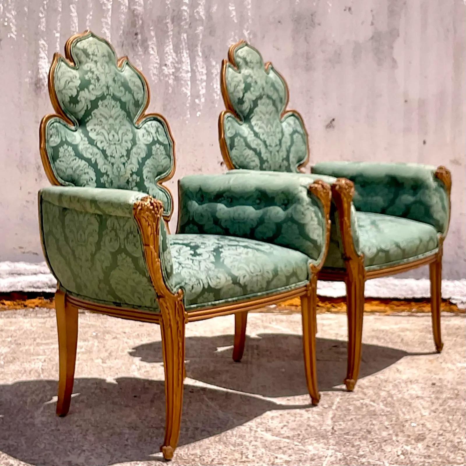 Wood Vintage Regency Grosfeld House Leaf Carved Arm Chairs, a Pair