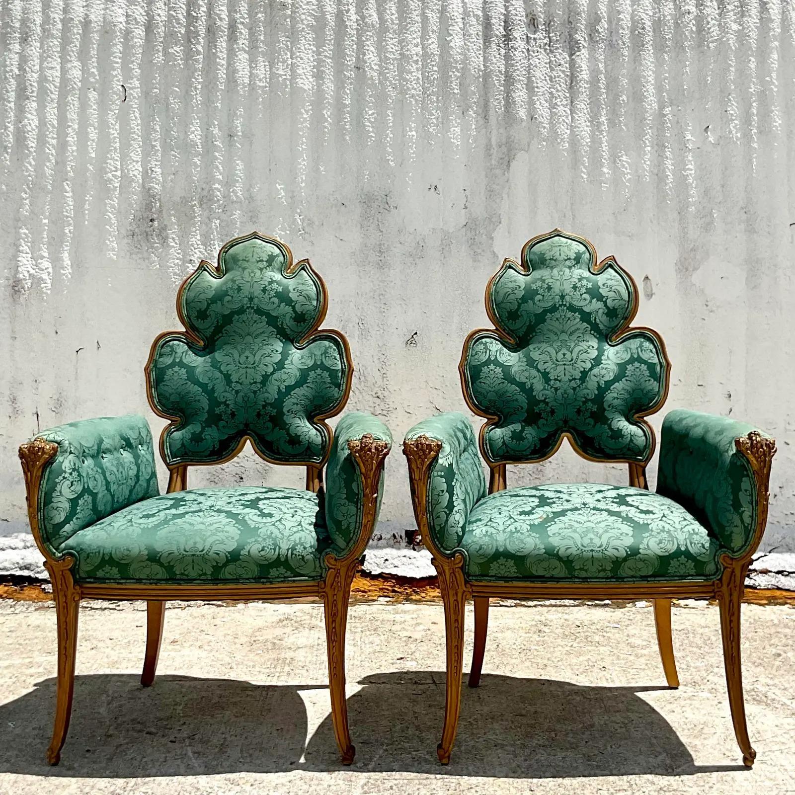 Vintage Regency Grosfeld House Leaf Carved Arm Chairs, a Pair 1