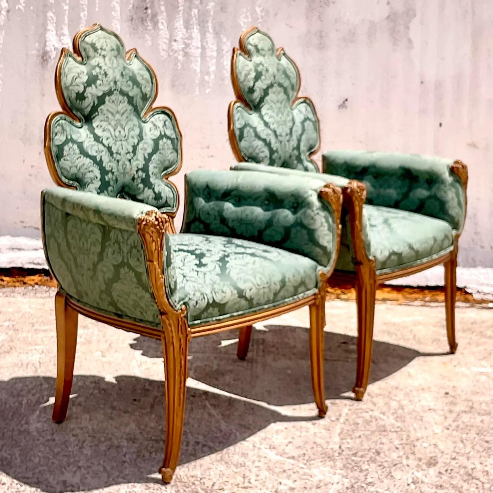 Vintage Regency Grosfeld House Leaf Carved Arm Chairs, a Pair 2