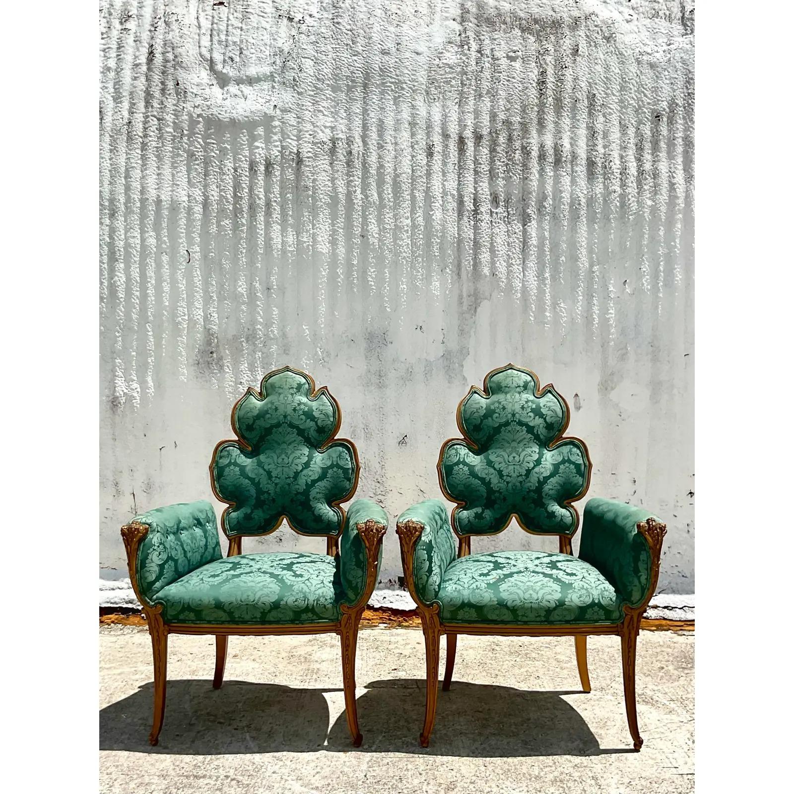 Vintage Regency Grosfeld House Leaf Carved Arm Chairs, a Pair 3