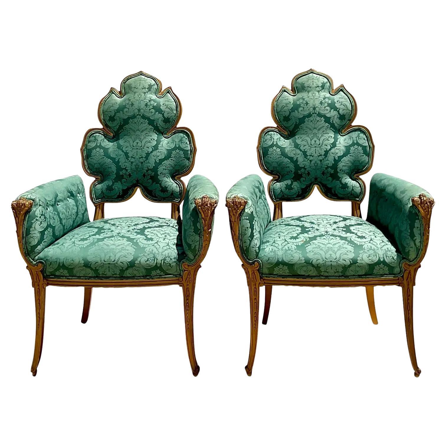 Vintage Regency Grosfeld House Leaf Carved Arm Chairs, a Pair